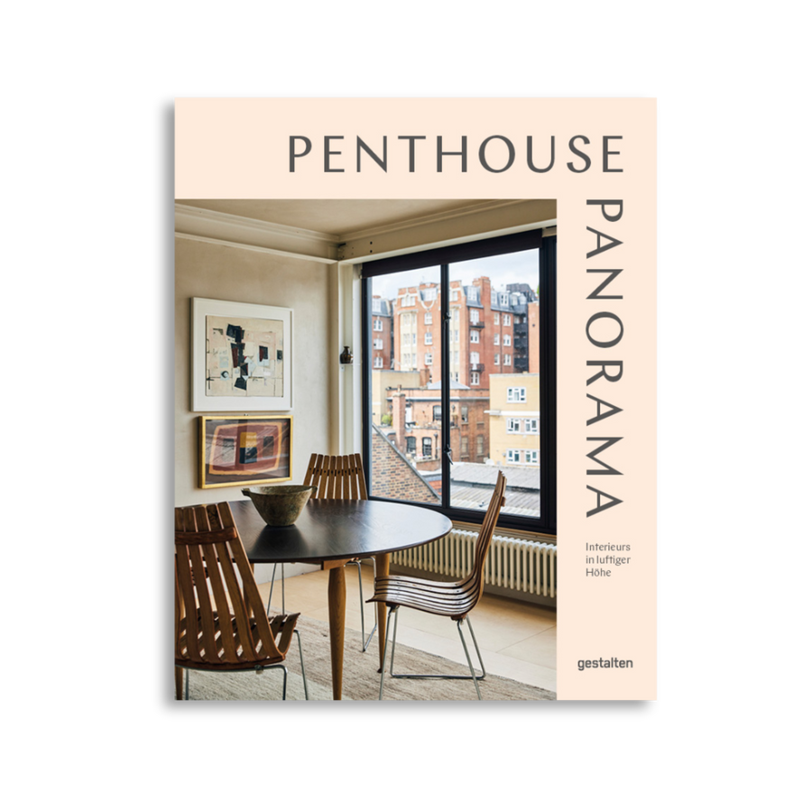Book cover of 'Penthouse Panorama' with a dining area and city view.