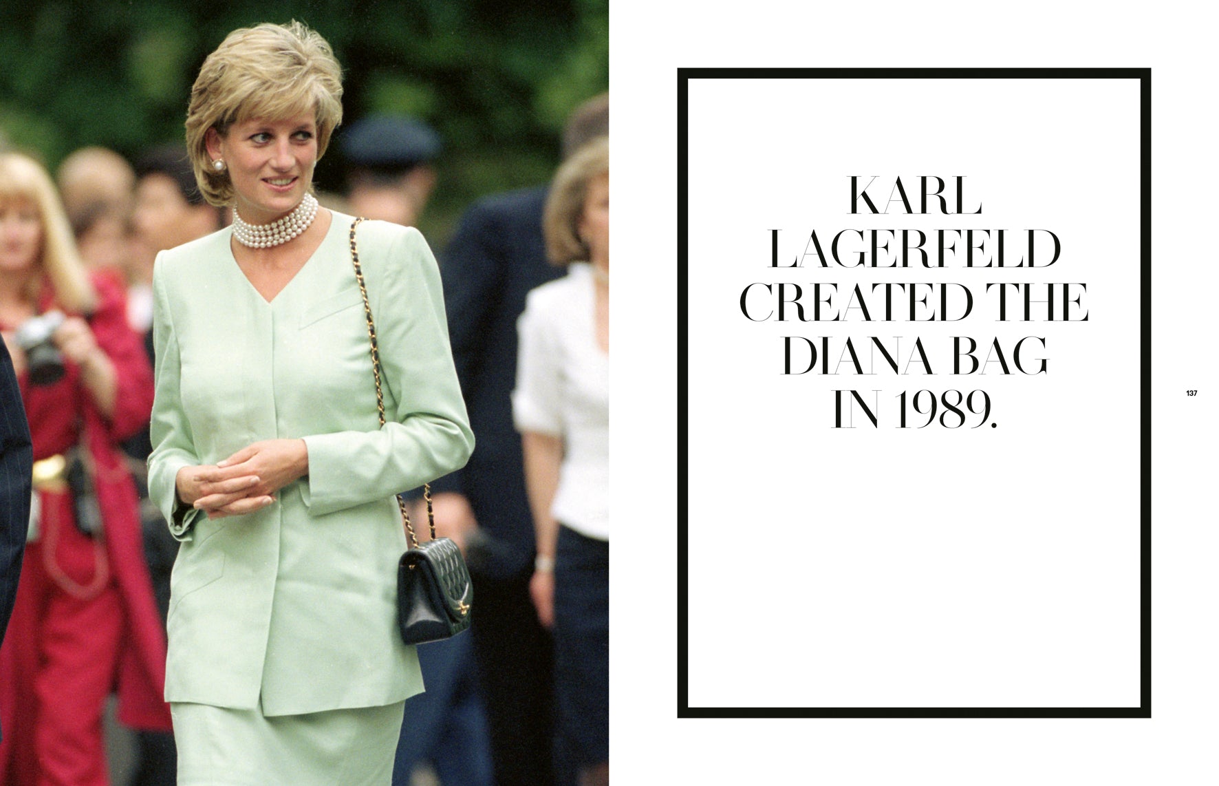 Image of a woman in a light green suit with text about Karl Lagerfeld and the Diana Bag.