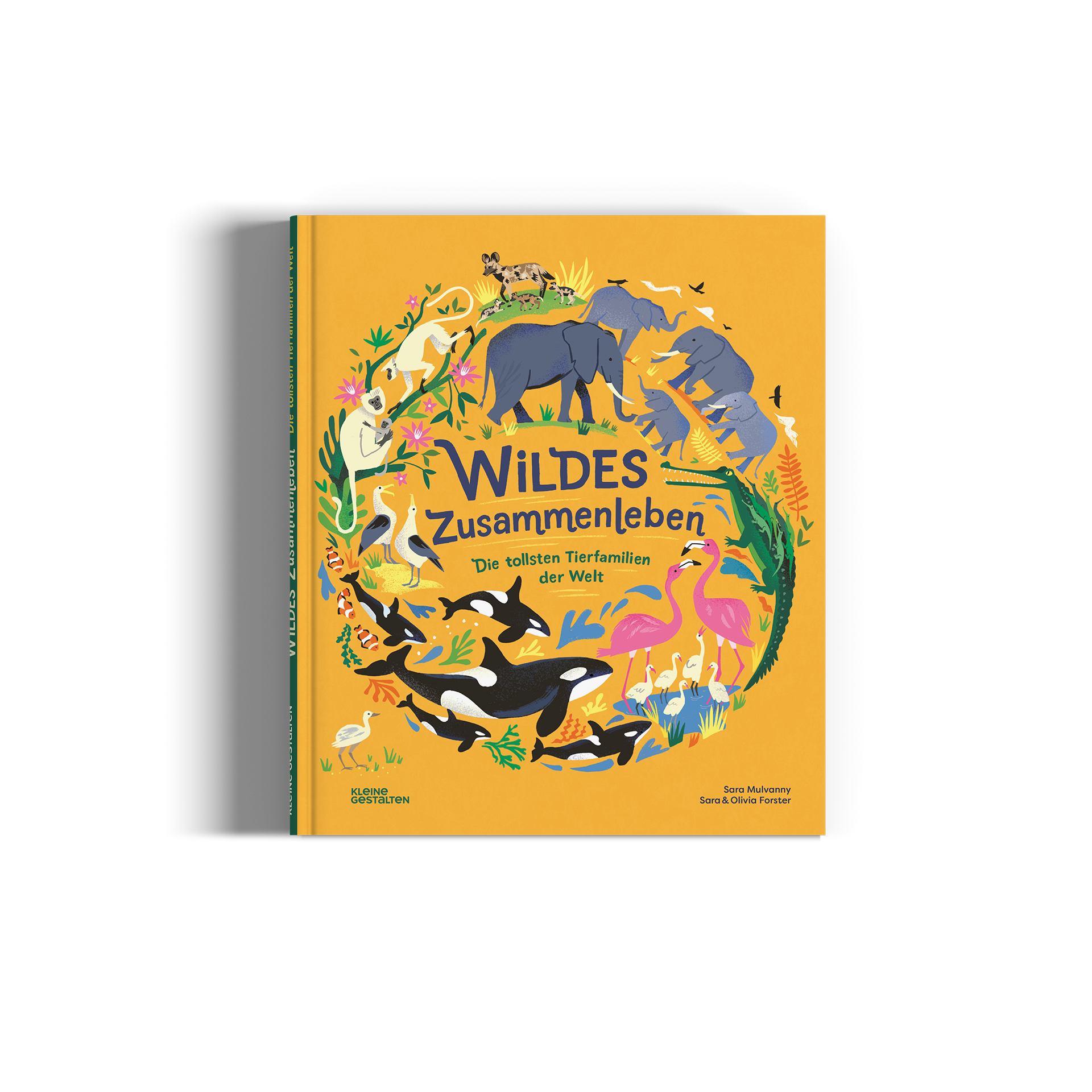 A children's picture book titled 'WILDES Zusammenleben' on a solid yellow cover, featuring colorful cartoon illustrations of various animals in a circular composition.