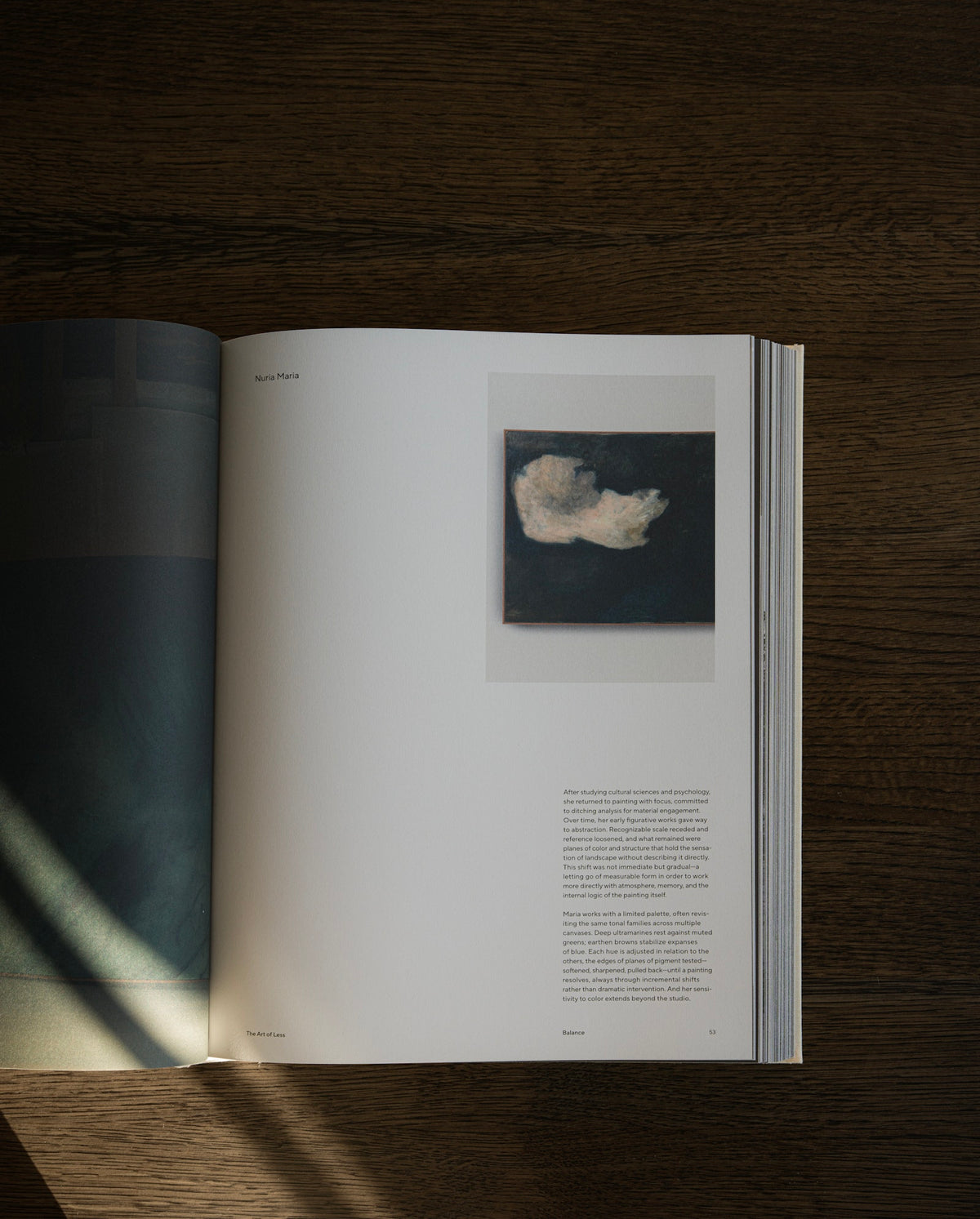 An open book laid flat on a dark wooden surface, showing a printed page with text and a small square artwork of a white cloud against a dark blue-gray background.