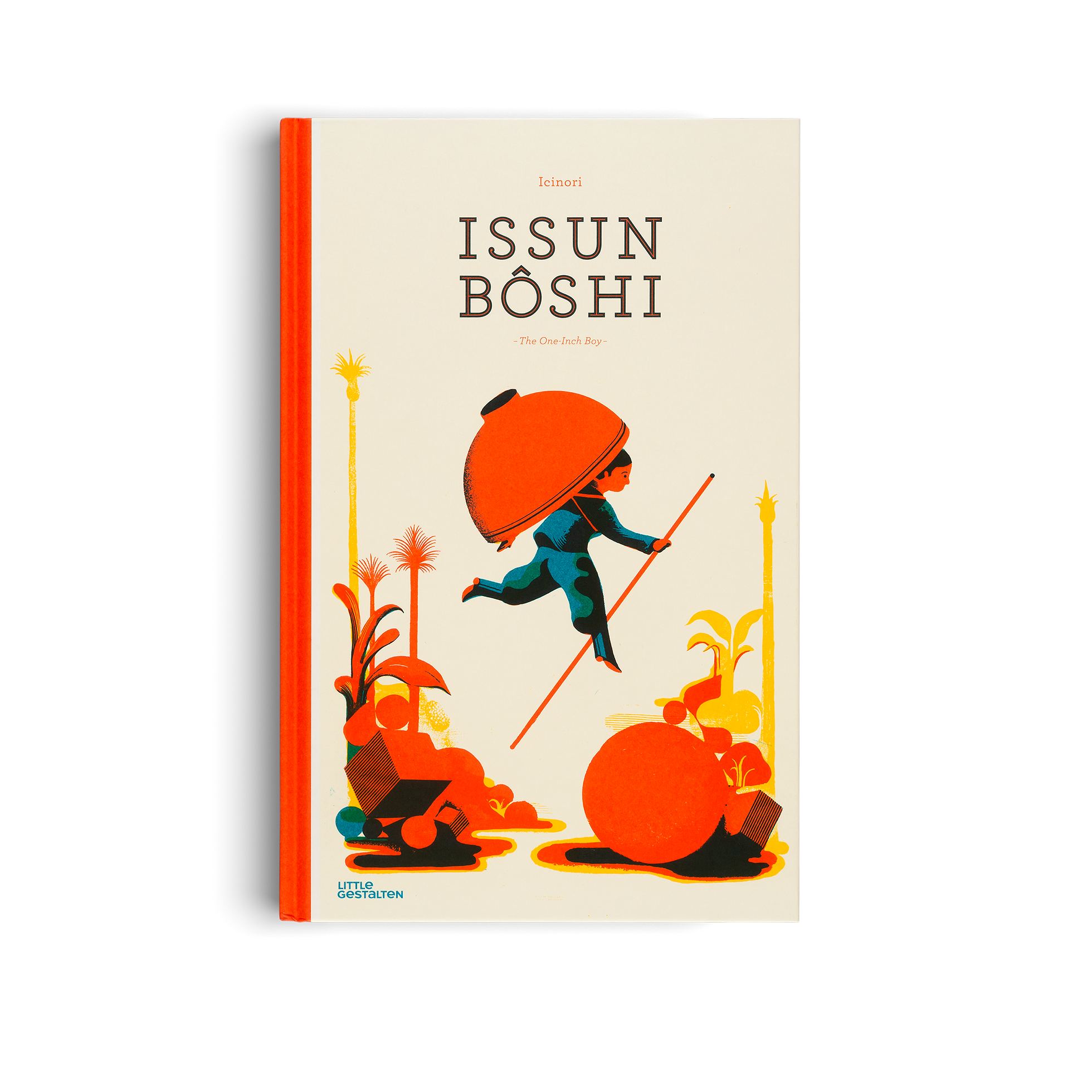 Book cover of 'Issun Boshi' with a stylized illustration of a small person with a large hat and umbrella on a white background.