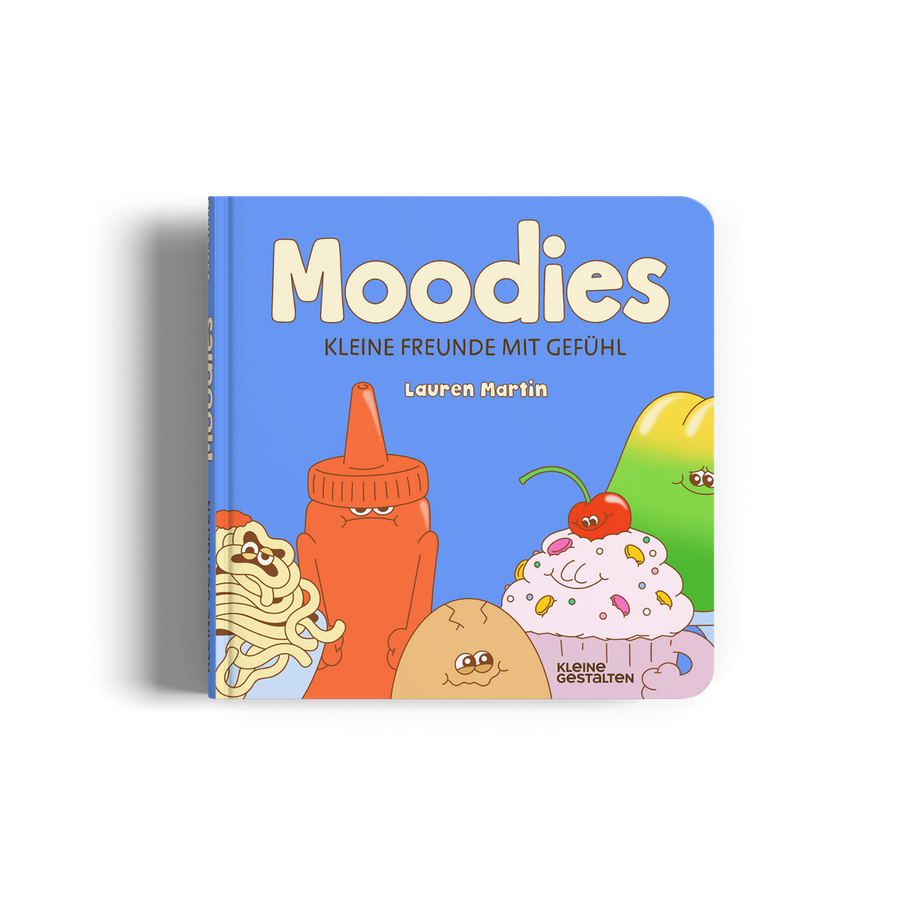 Book titled 'Moodies' with colorful illustrations on a blue background