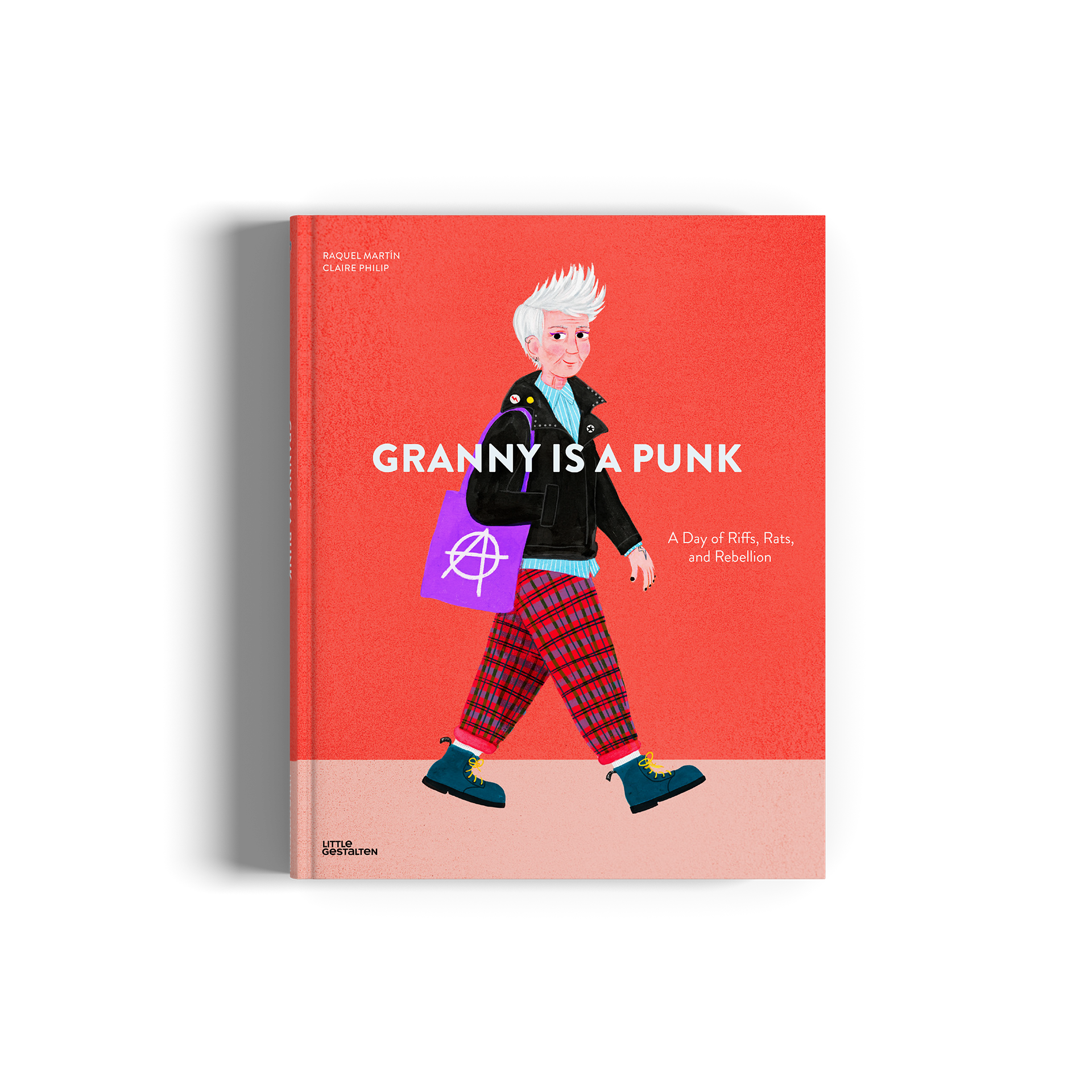 A hardcover book titled 'GRANNY IS A PUNK' featuring a vibrant red cover with an illustration of a older woman in plaid pants and a purple shopping bag.
