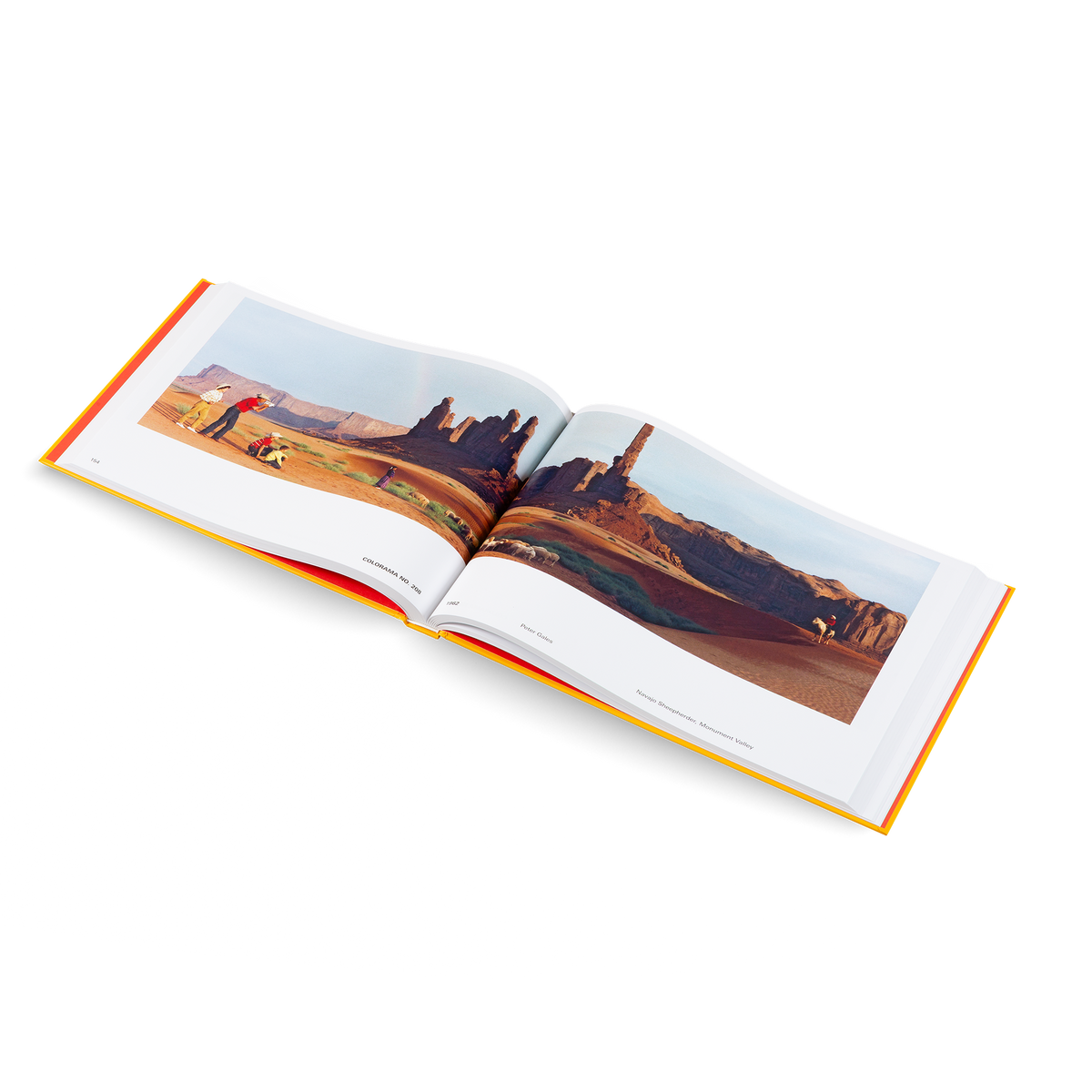 An open hardcover book with a desert landscape photograph spread across two pages, photographed on a clean white background.