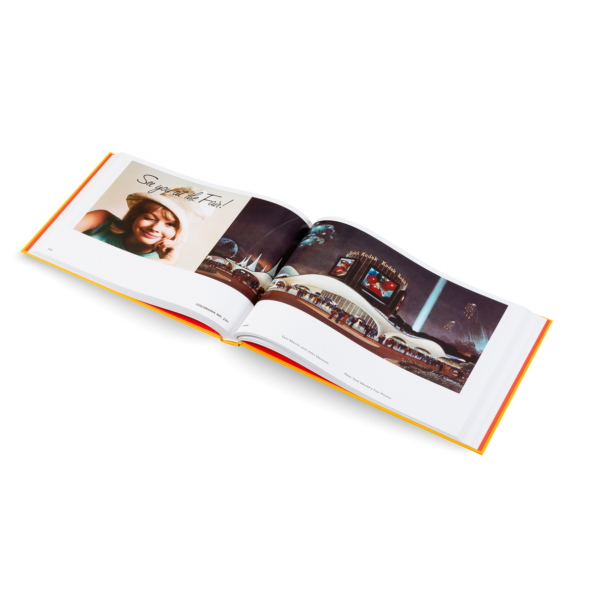 An open hardcover book displayed at an angle on a clean white background. The book features a white interior with two printed photo spreads, one showing a smiling woman and the other showing a futuristic city scene.