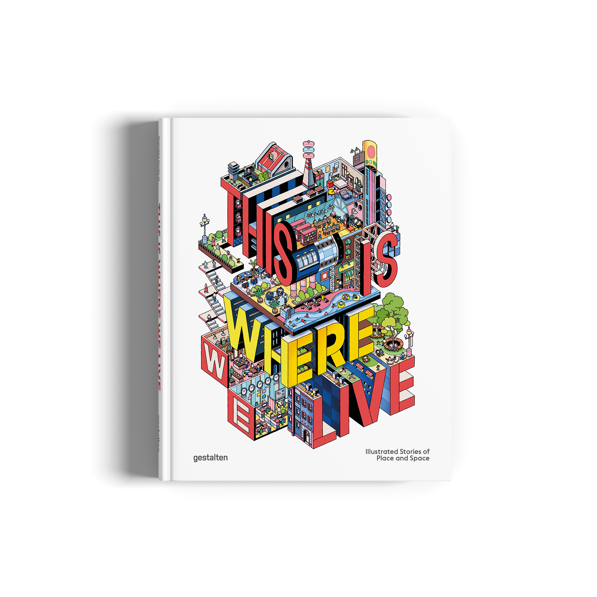 Book cover with colorful illustration of a cityscape and text 'THIS IS WHERE WE LIVE' on a white background