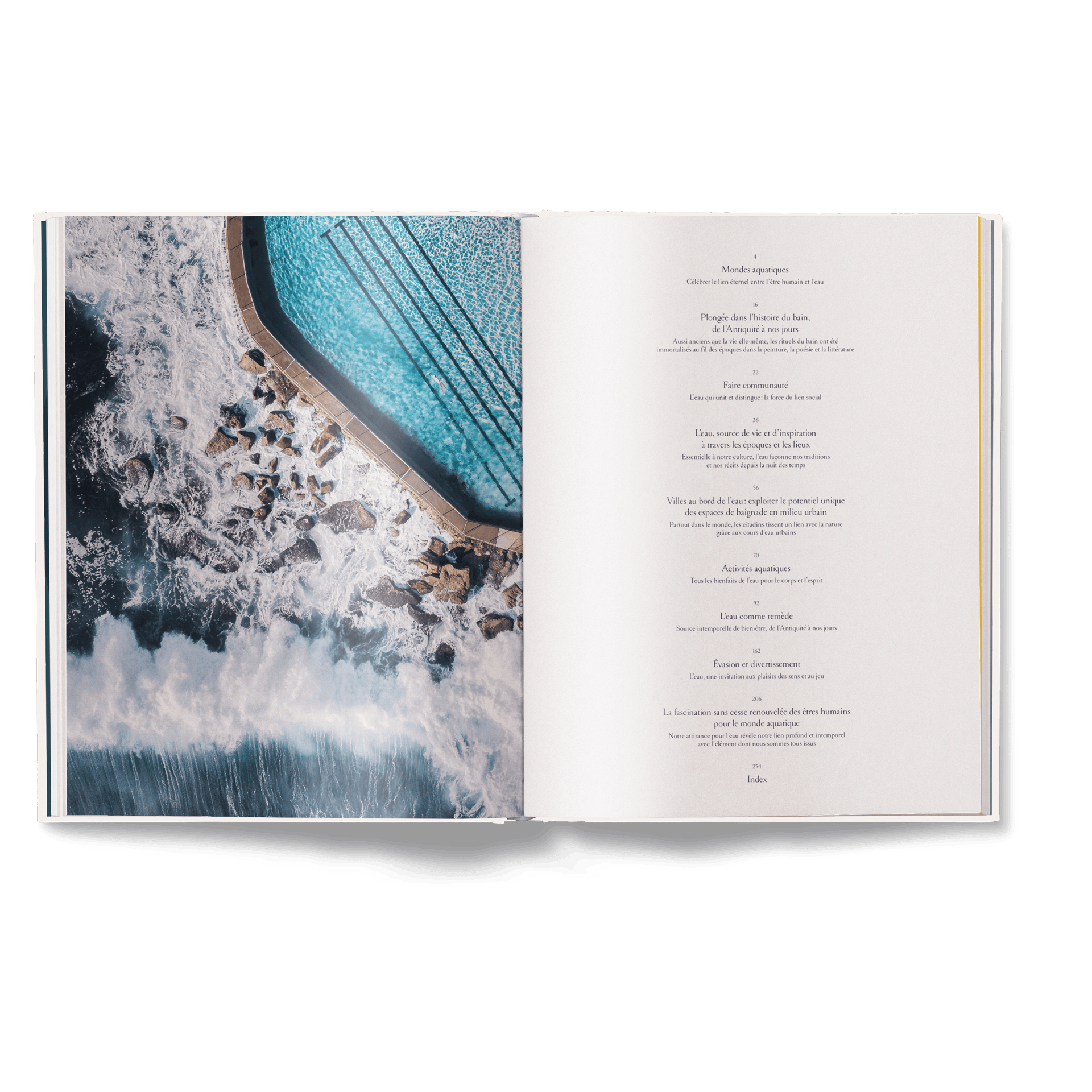 Open book showing an aerial view of a pool with water and text on a white background