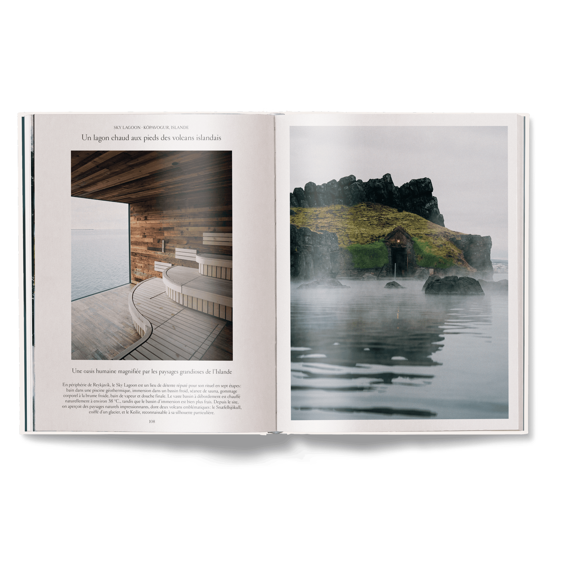 Open book showing a photograph of a scenic landscape with water and rocks, and an interior shot of a building.