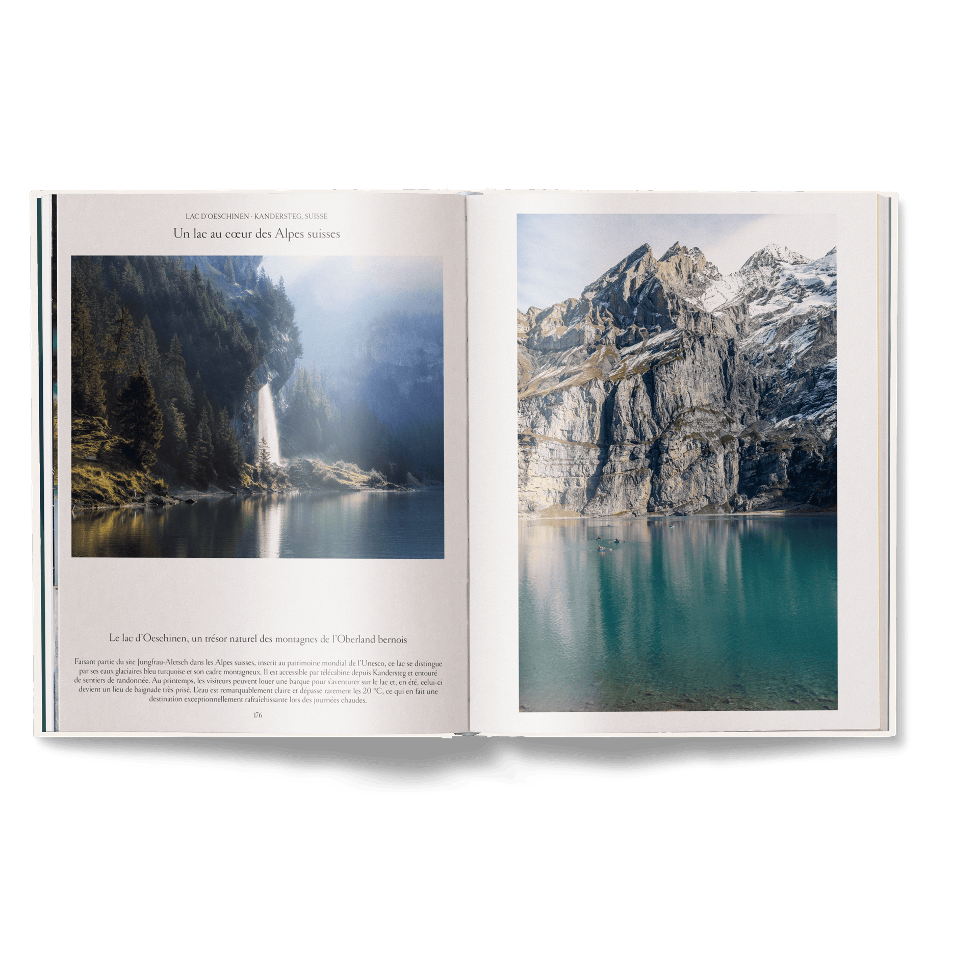 Open book showing a scenic photograph of a mountain lake with text on a white background