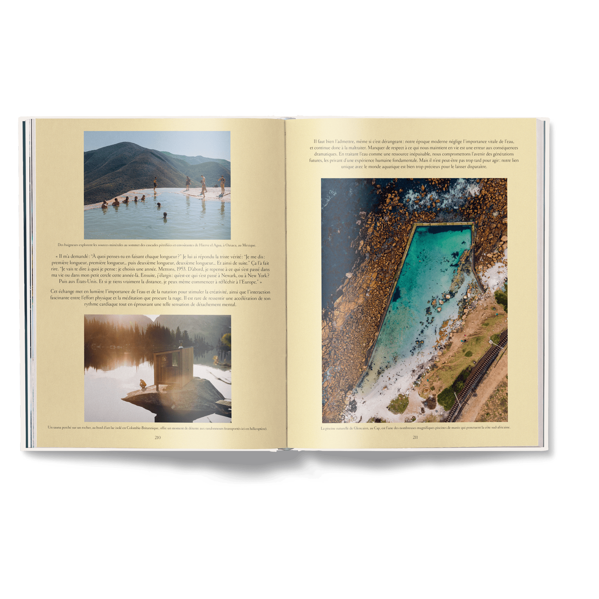 Open book showing images of natural landscapes with text on a green background