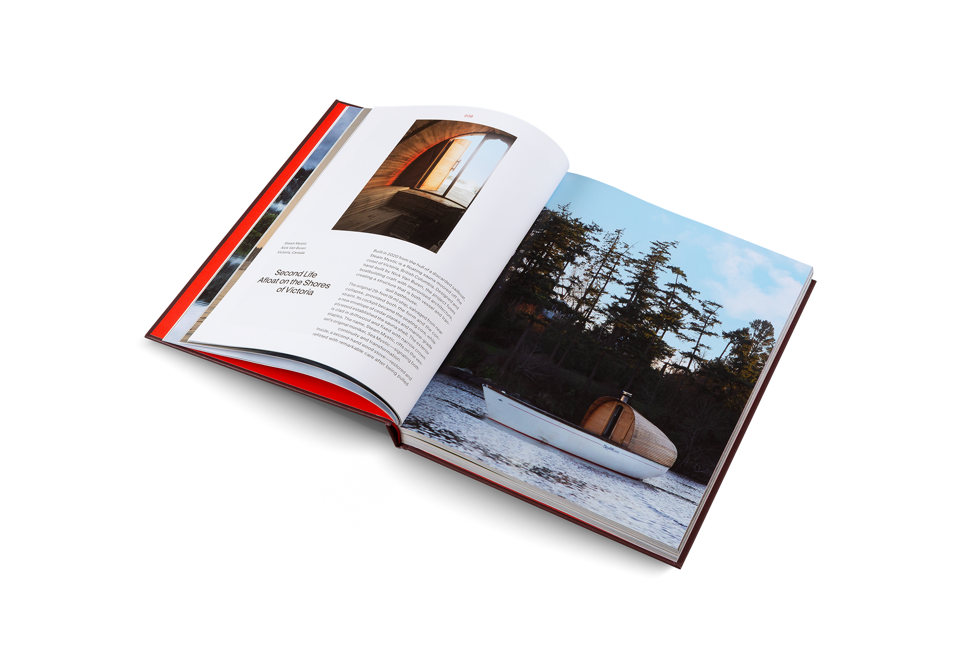 Open book showing a photograph of a person in a boat on a lake with trees in the background.