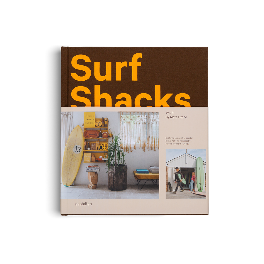 Book titled 'Surf Shacks' with a brown cover and images of surf-related interiors.