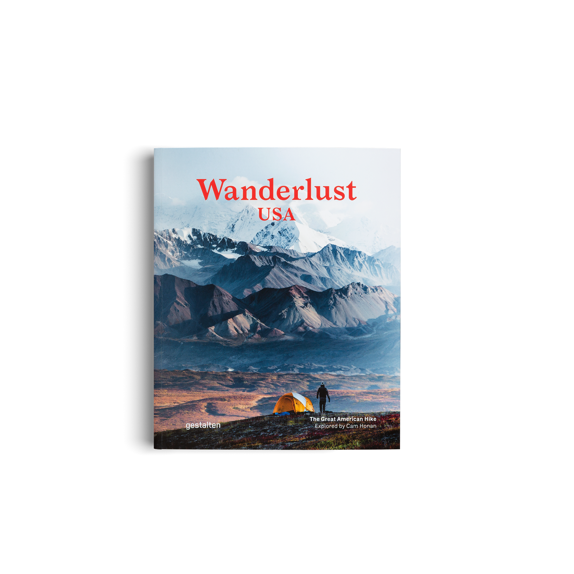 Book cover of 'Wanderlust USA' with a mountain landscape and tent on a white background