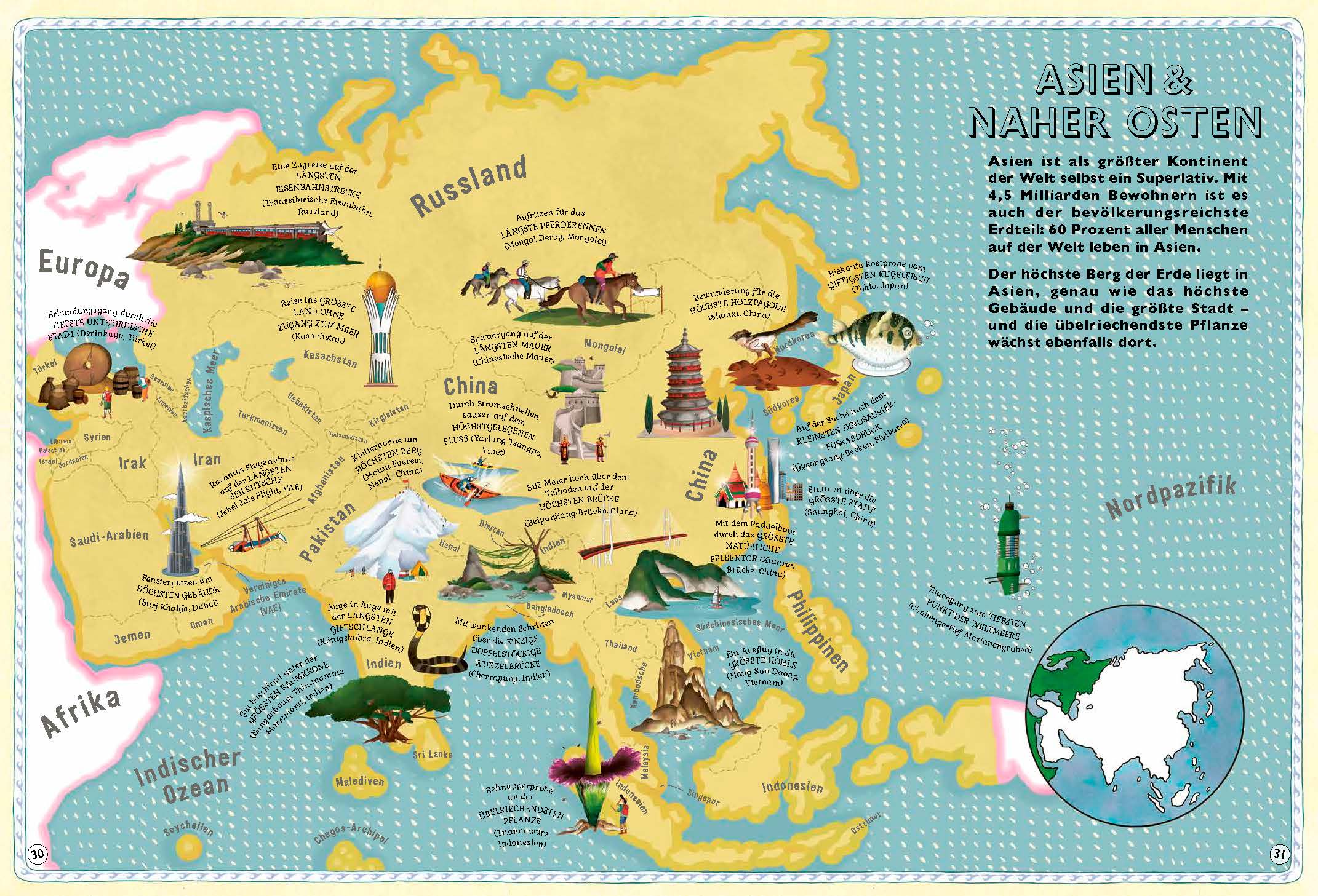 Asien ist als größter Kontinent der Welt selbst ein Superlativ in Der Atlas der Superlative von Kleine Gestalten