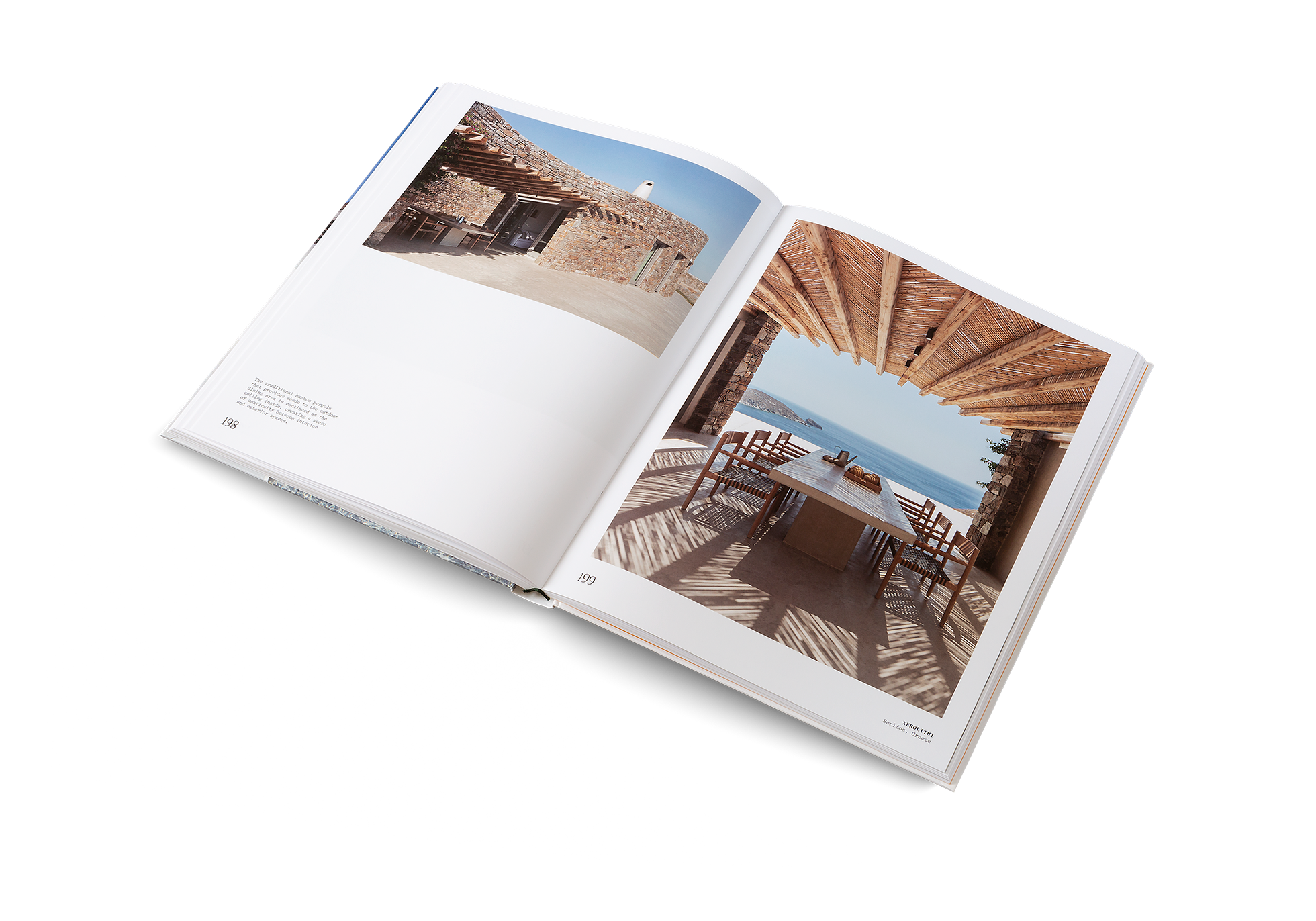 The traditional bamboo pergola that provides shade to the outdoor dining area is continued as the ceiling inside, creating a sense of continuity between interior and exterior spaces in this Mediterranean home.
