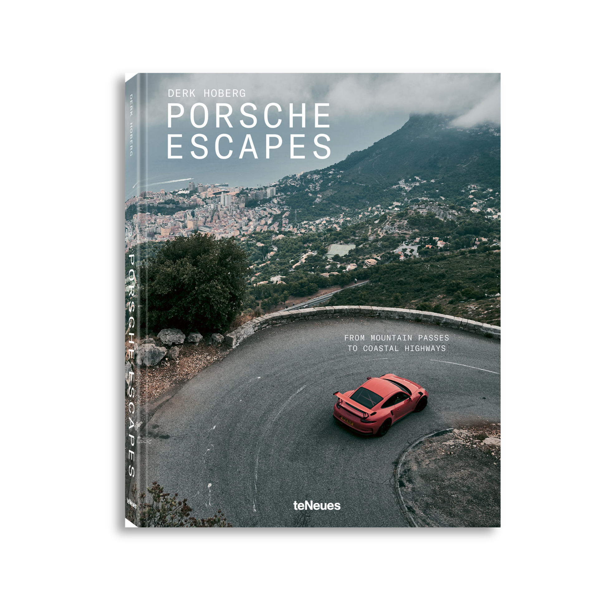 Book titled 'Porsche Escapes' with a red car on a mountain road, published by teNeues.