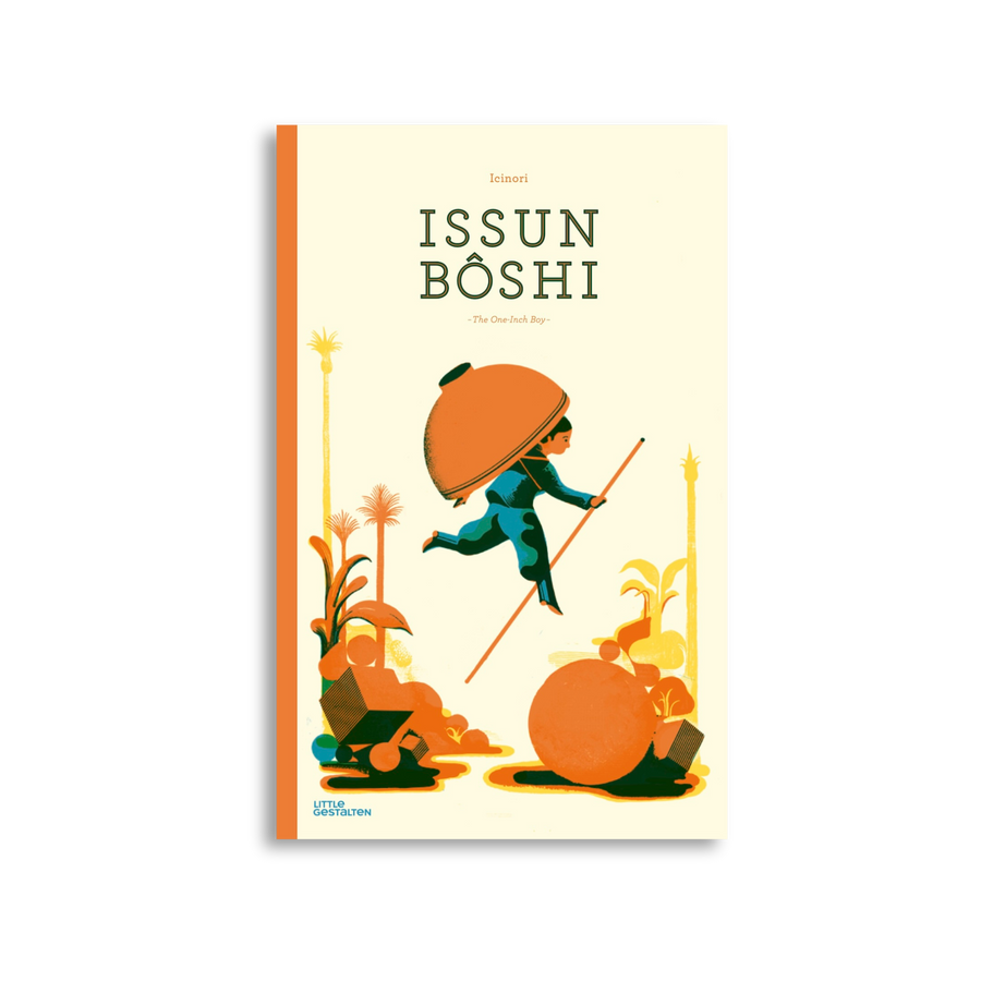 Book cover of 'Issun Boshi' with an illustration of a small person running on a white background