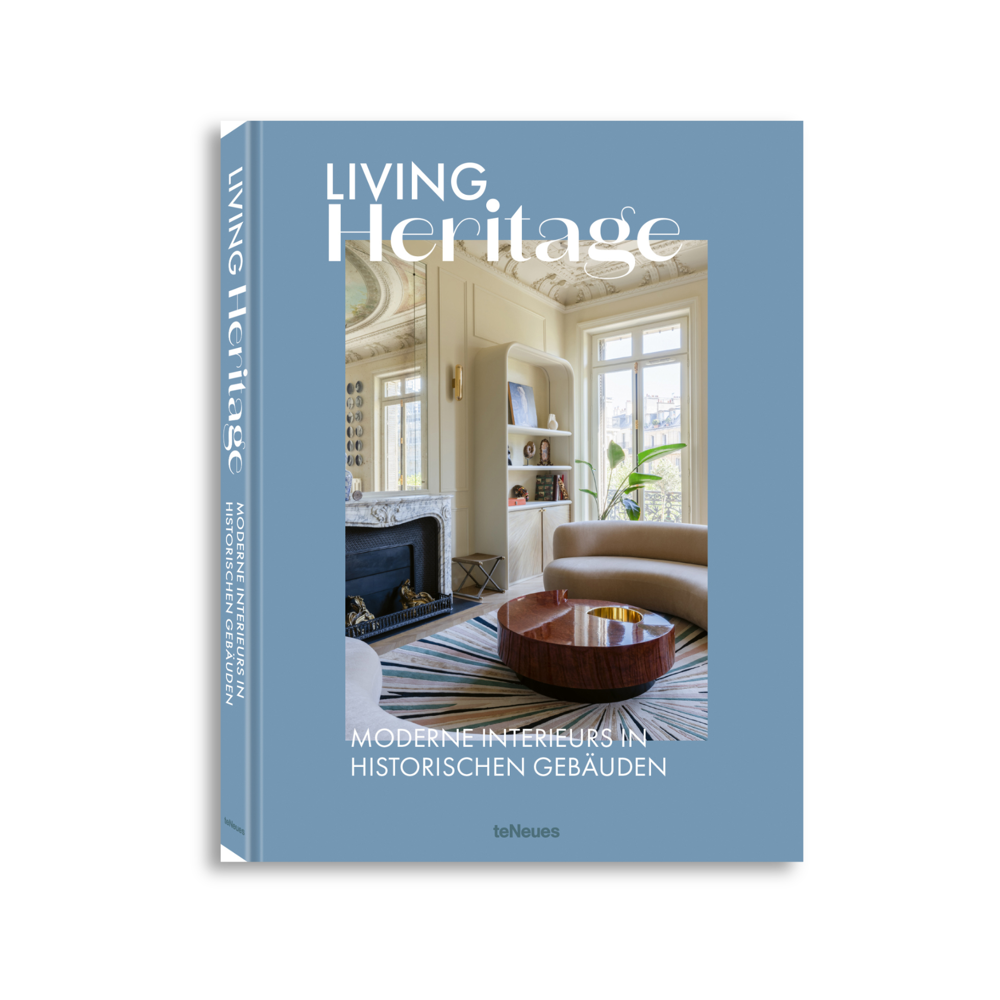 Book titled 'Living Heritage' with a living room interior on the cover