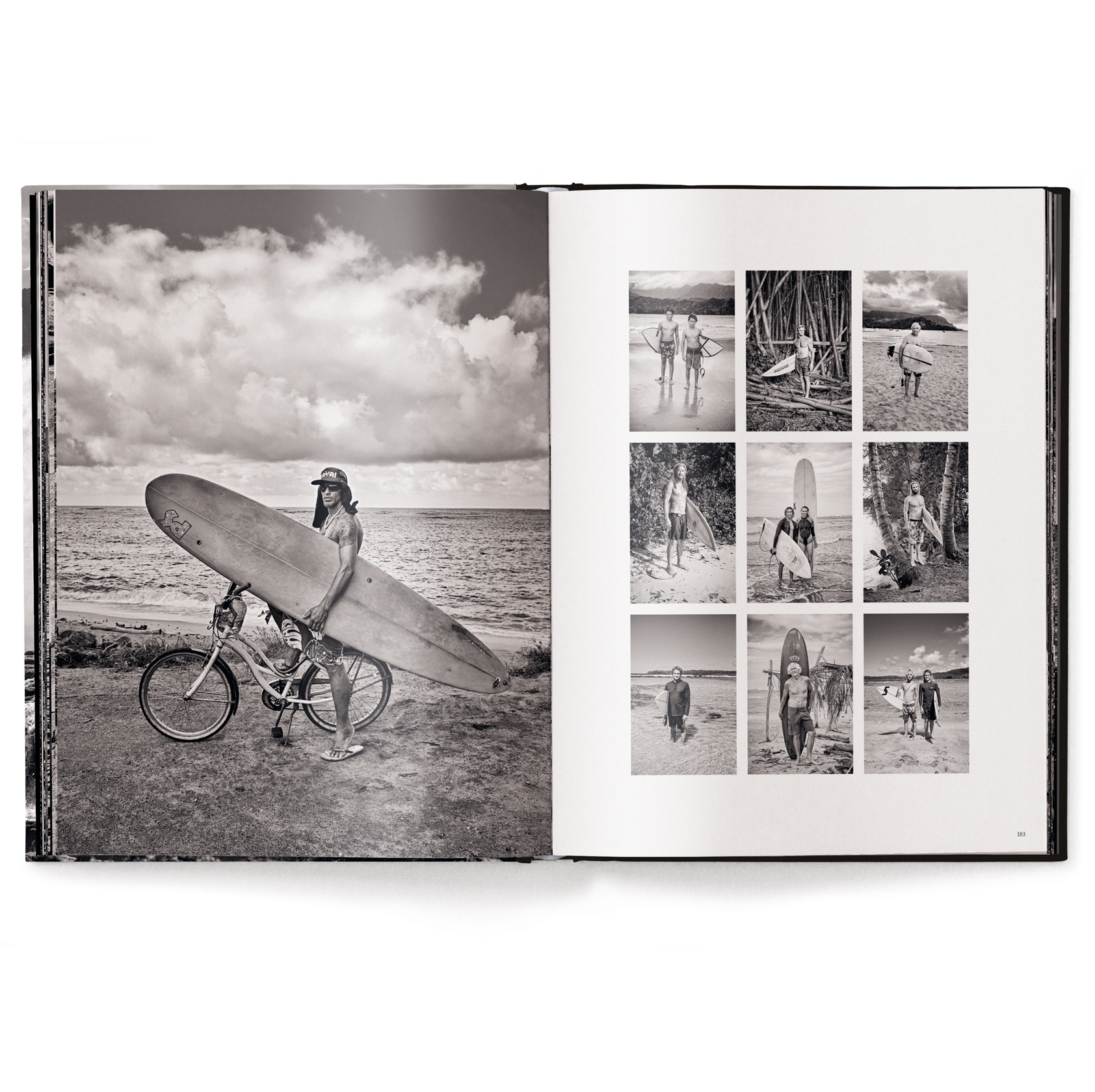 Open photo album showing a person with a surfboard on a beach