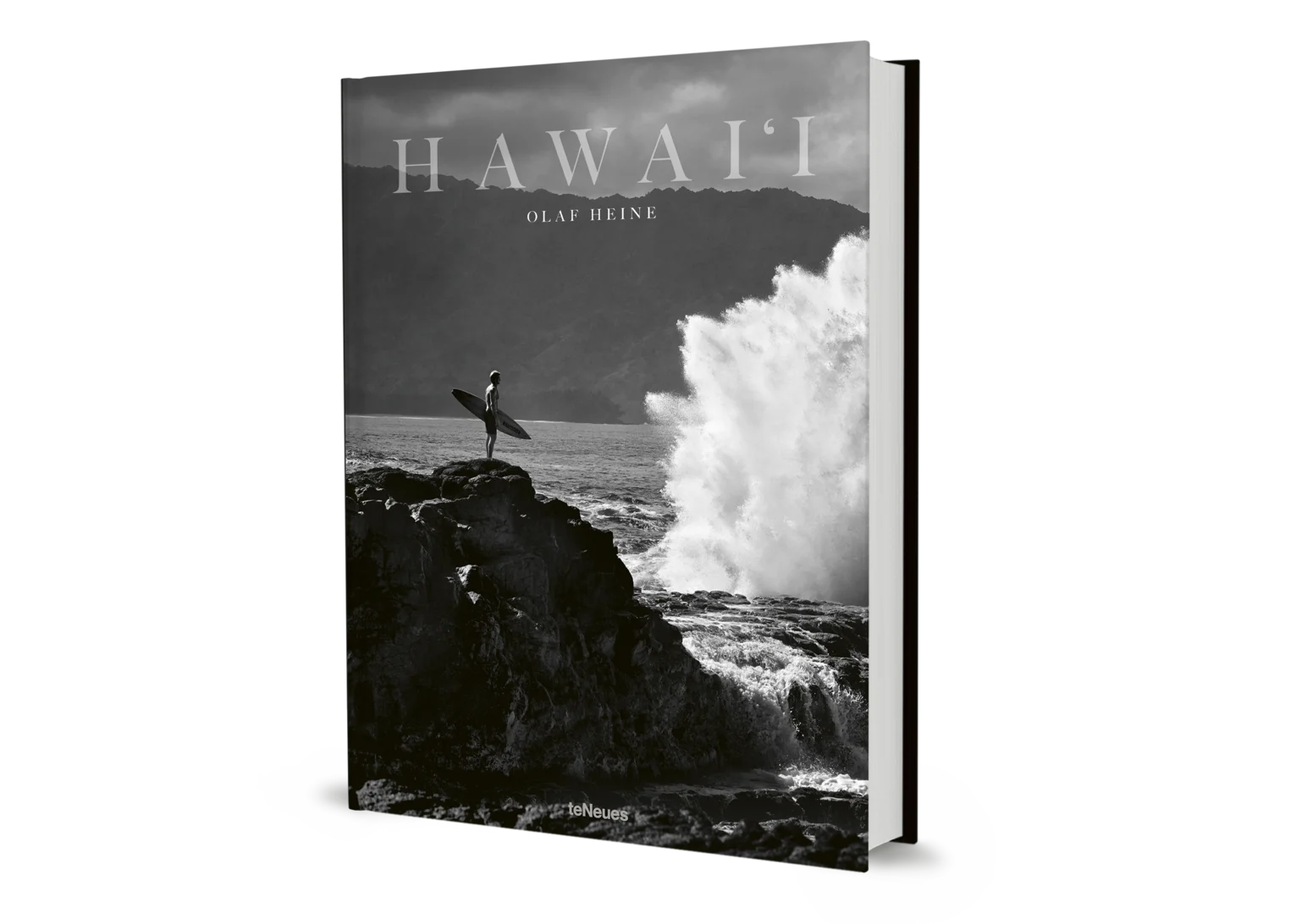Book cover with a black and white photo of a person with a surfboard on a cliff overlooking the ocean, with 'Hawaii' and 'Ola Heine' text.