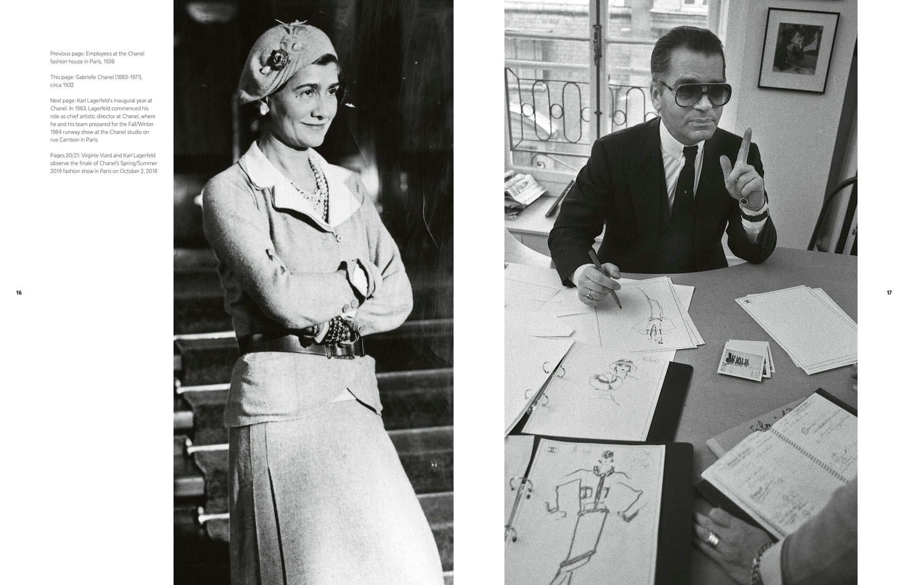 Two black and white images: one of a woman in formal attire and the other of a man at a desk with drawings.