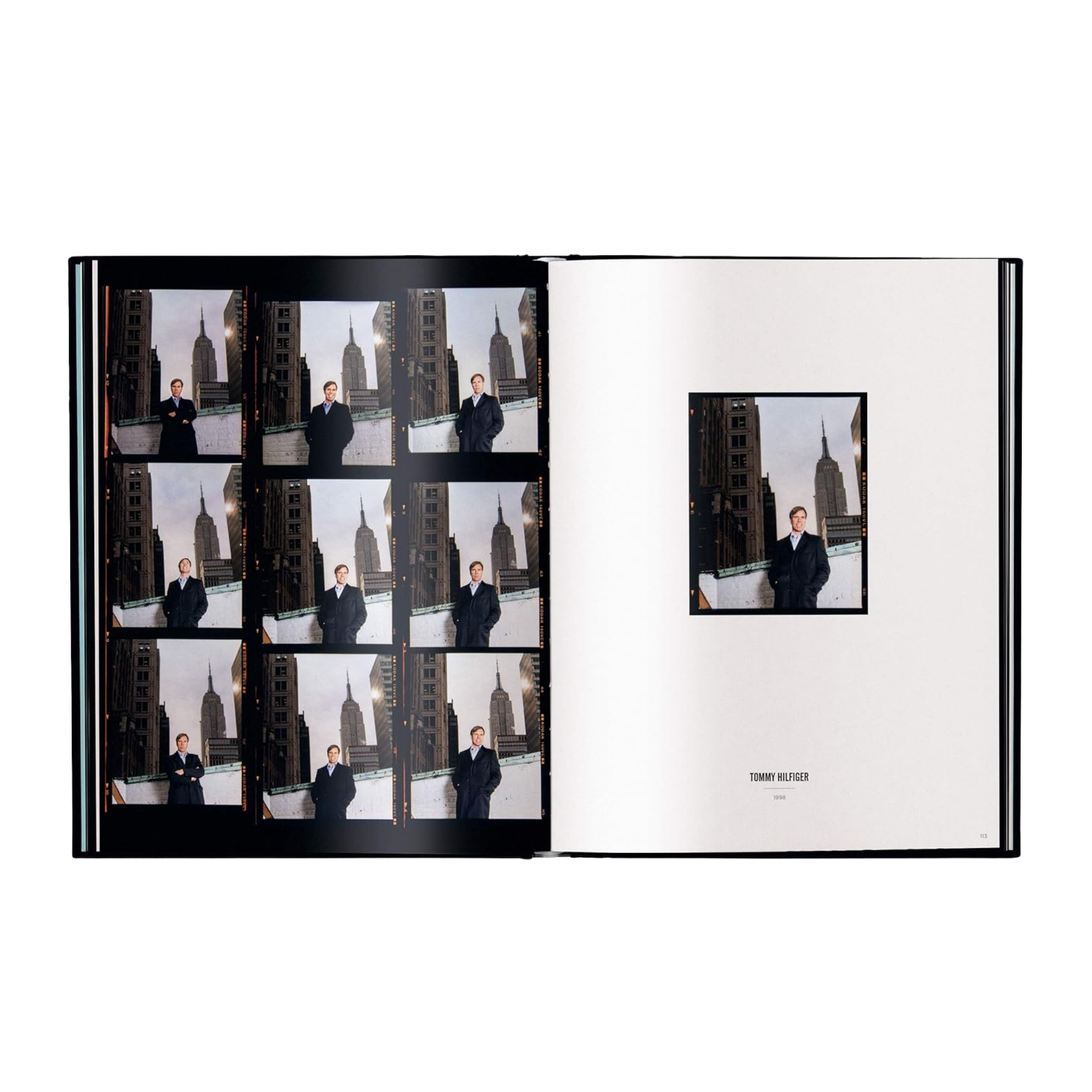 Open book displaying a series of photographs of a person in formal attire against a cityscape background.