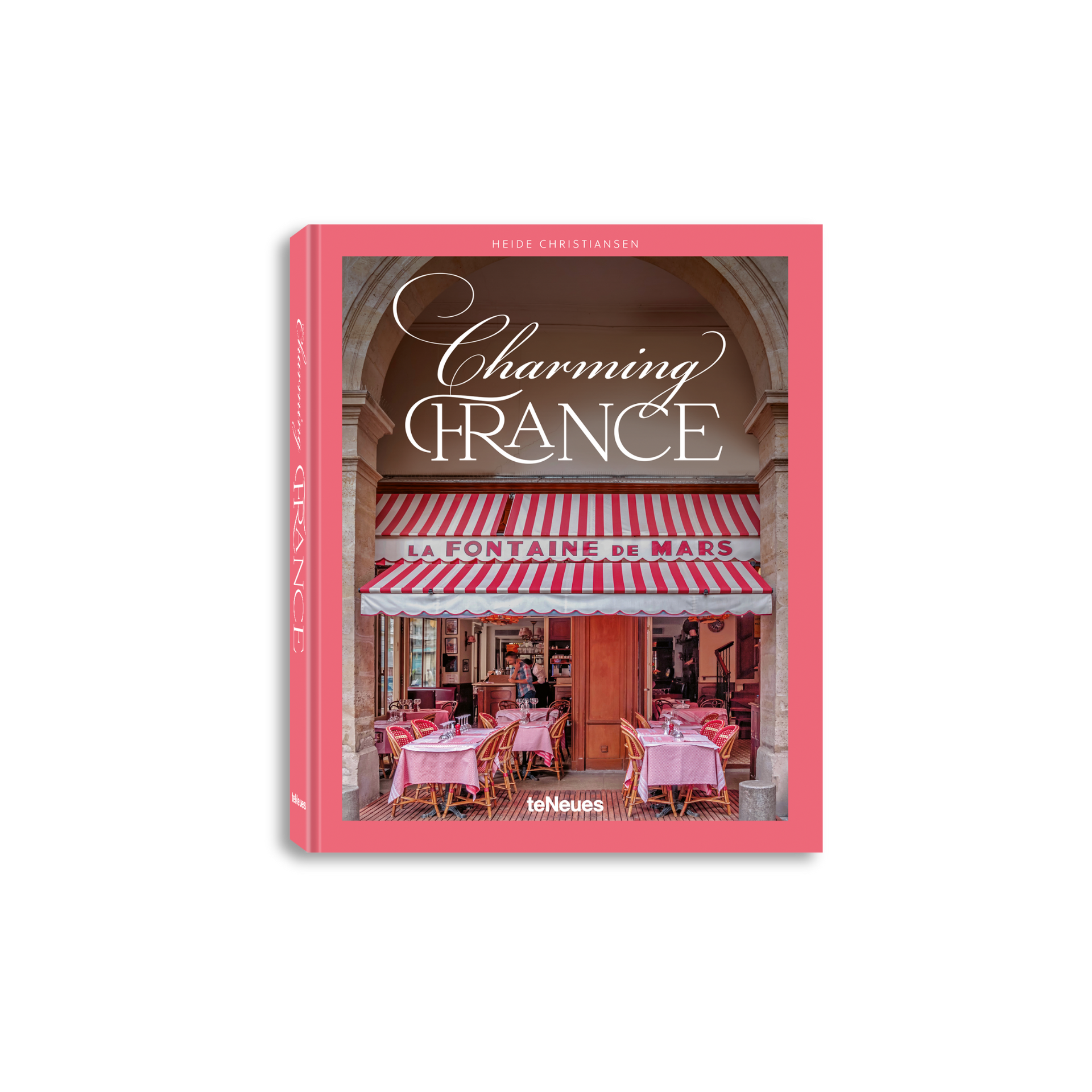 Book cover of 'Charming France' with a photo of a French cafe and 'teNeues' branding.