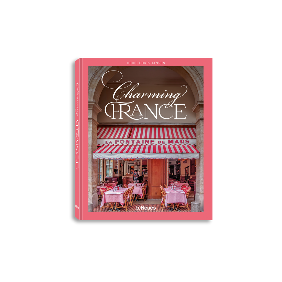Book cover of 'Charming France' with a photo of a French cafe and 'teNeues' branding.