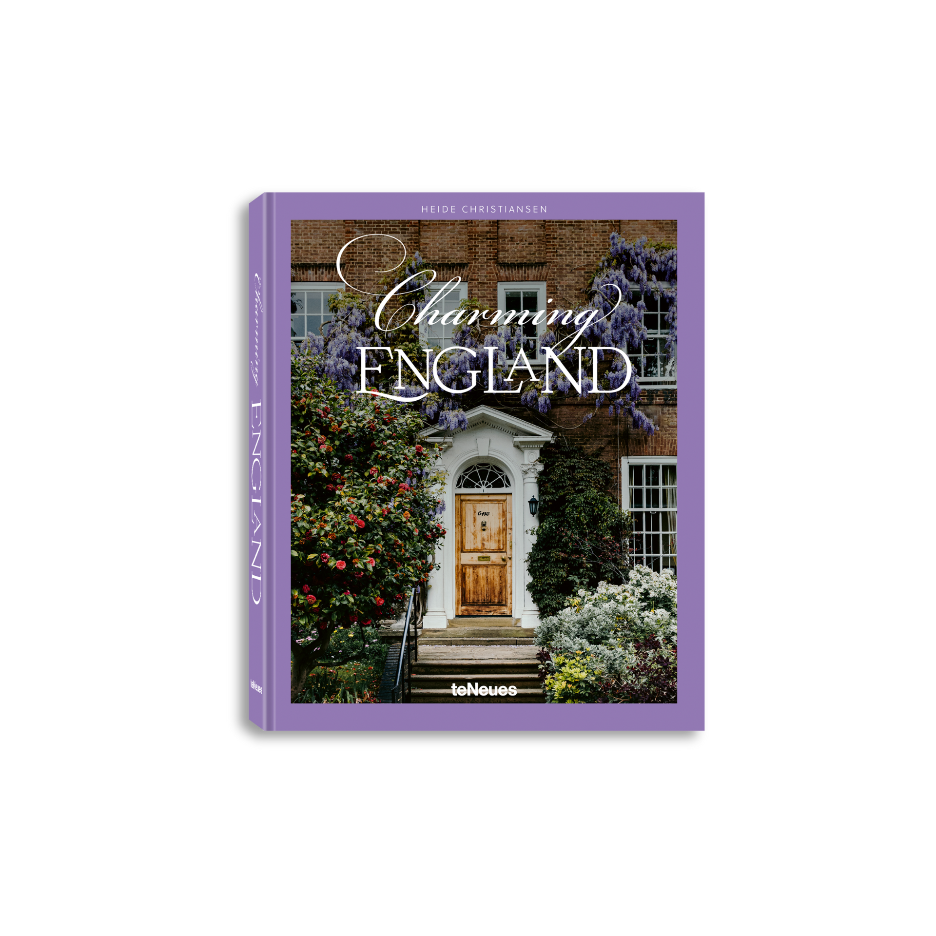 Book cover of 'Charming England' with a purple border and image of a garden and house.