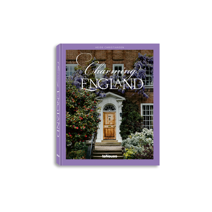 Book cover of 'Charming England' with a purple border and image of a house entrance.