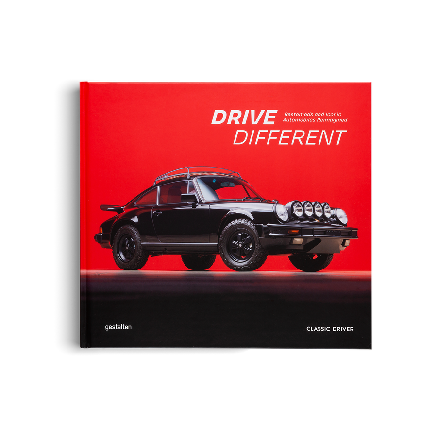 Book cover with a black vintage car on a red background and 'Drive Different' text.