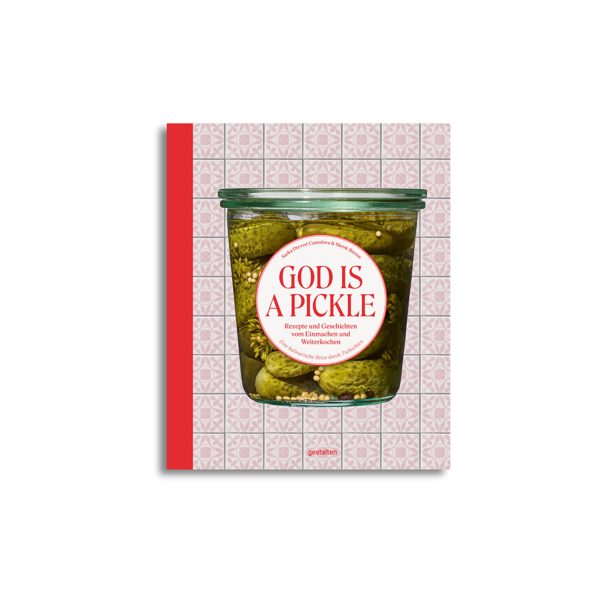 Book cover with a jar of pickles and 'God is a Pickle' text on a patterned background