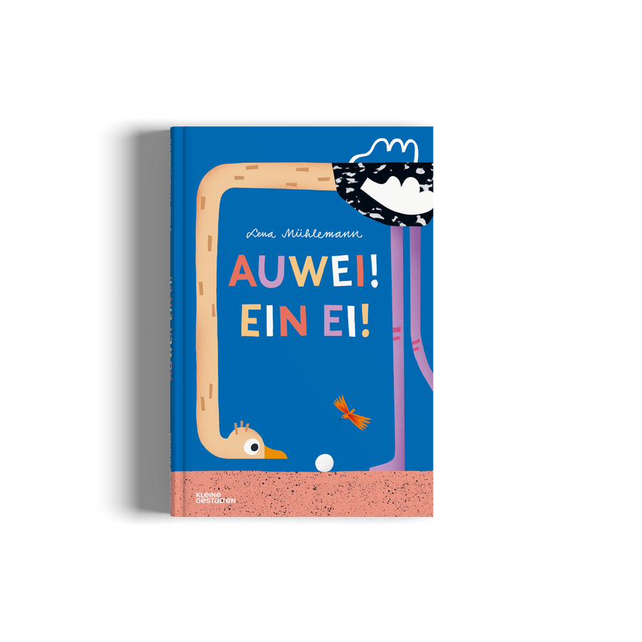 Children's book titled 'AUWEI! EIN EI!' with colorful illustrations on a blue background