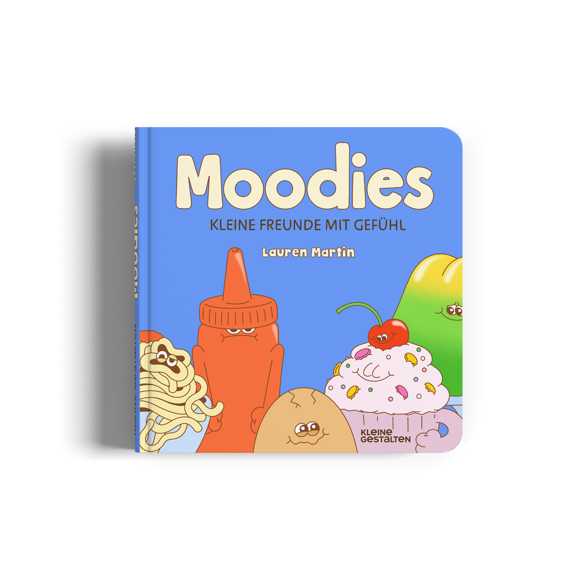 Book titled 'Moodies' with colorful illustrations on a blue background