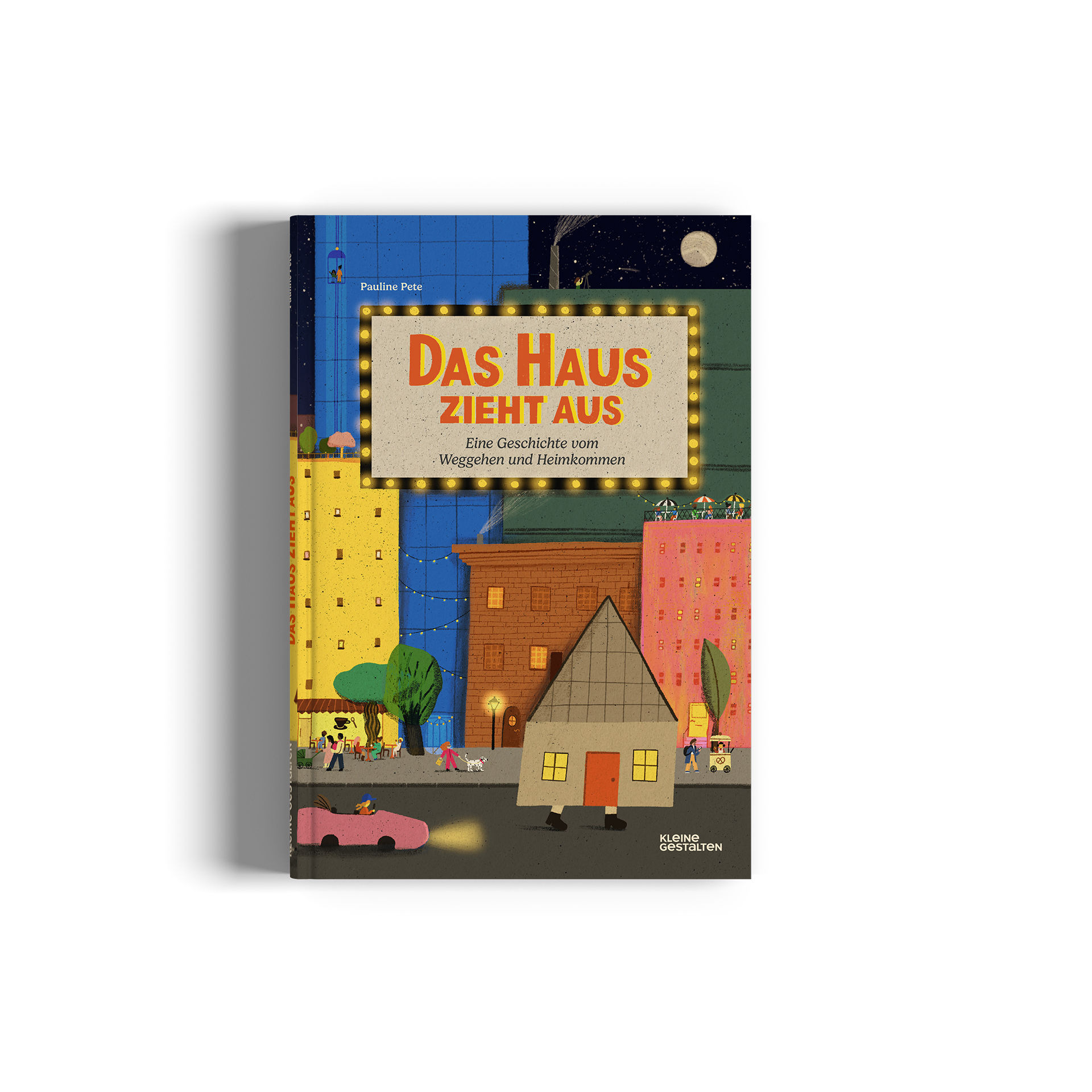 Book cover with colorful illustration of a house and cityscape, featuring German text.