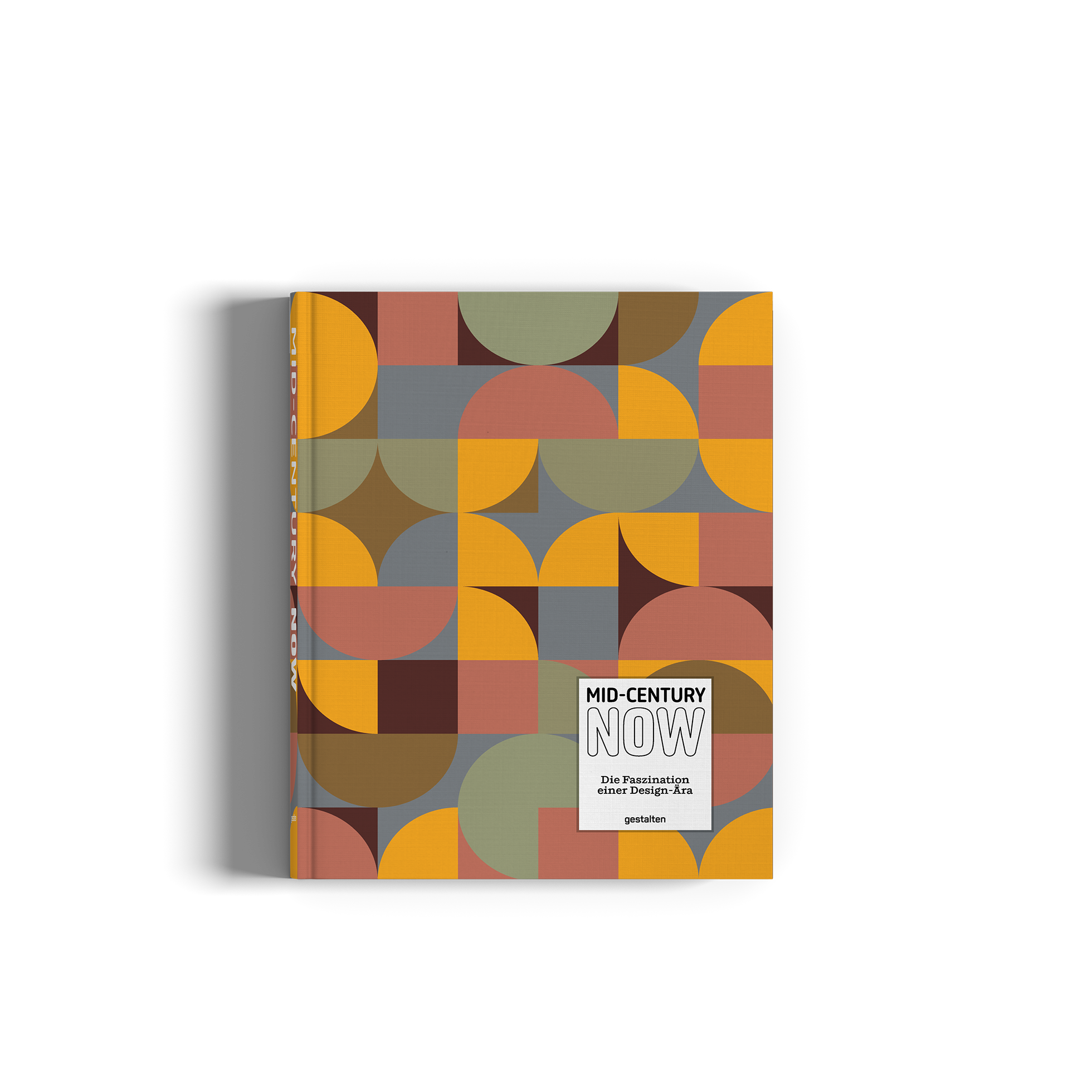 A hardcover book titled 'MID-CENTURY NOW' featuring a retro mid-century modern geometric pattern in muted orange, olive green, brown, and gray. The book is photographed on a clean white background with a soft drop shadow.