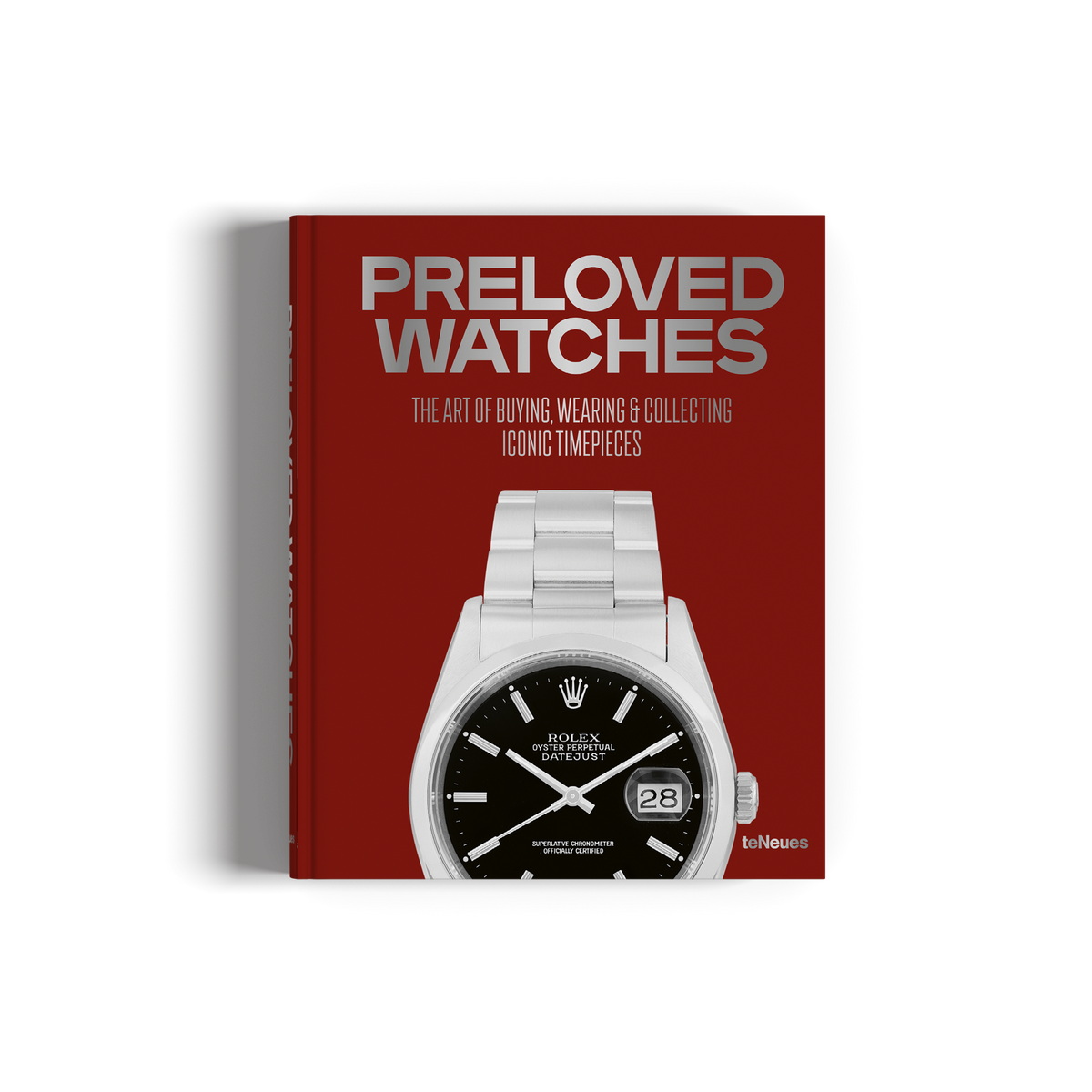 A book titled 'PRELOVED WATCHES' with a red cover, featuring a wristwatch photo and small Rolex branding, shown upright on a white background with a soft shadow.