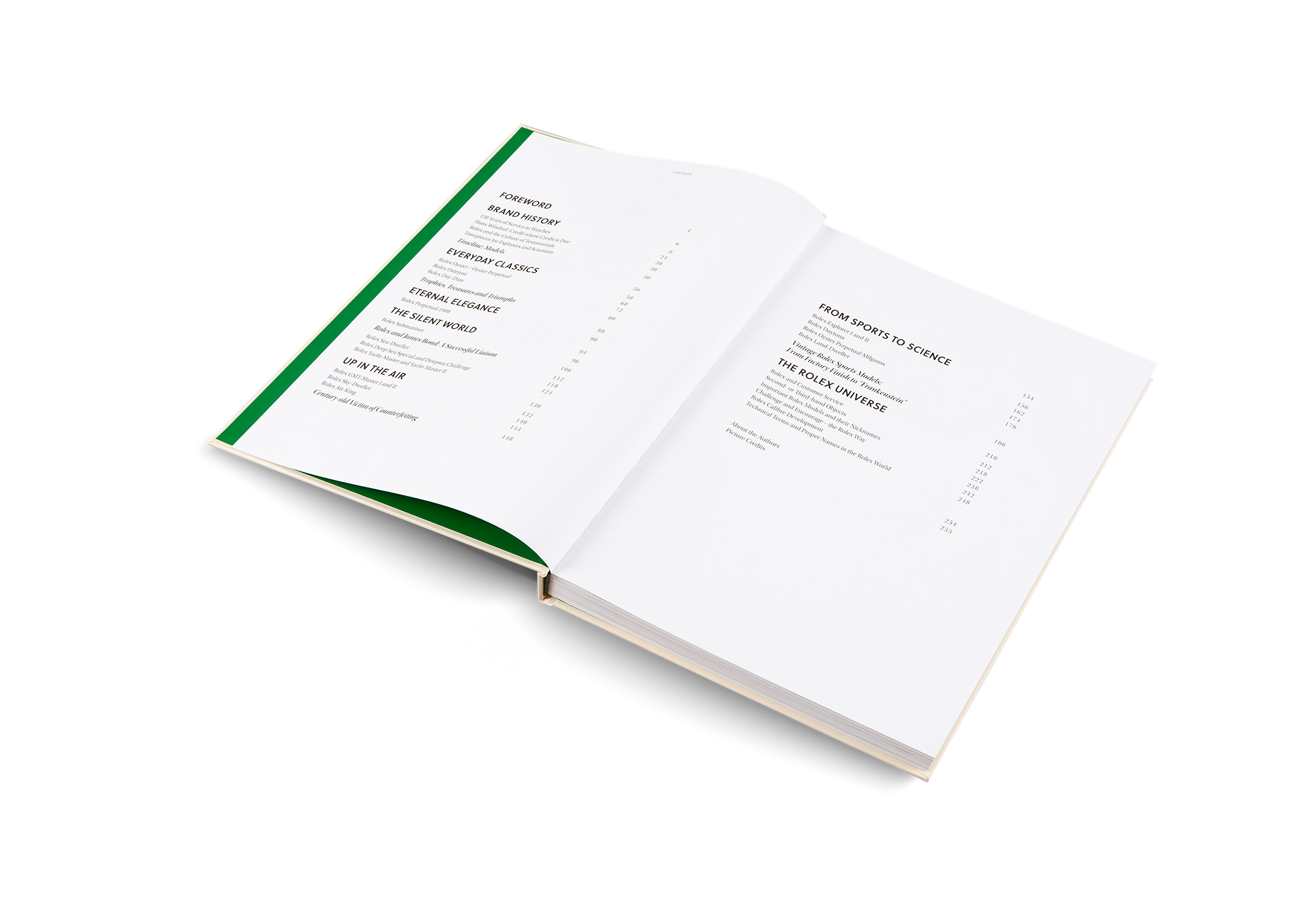 Open book with green and white pages on a white background