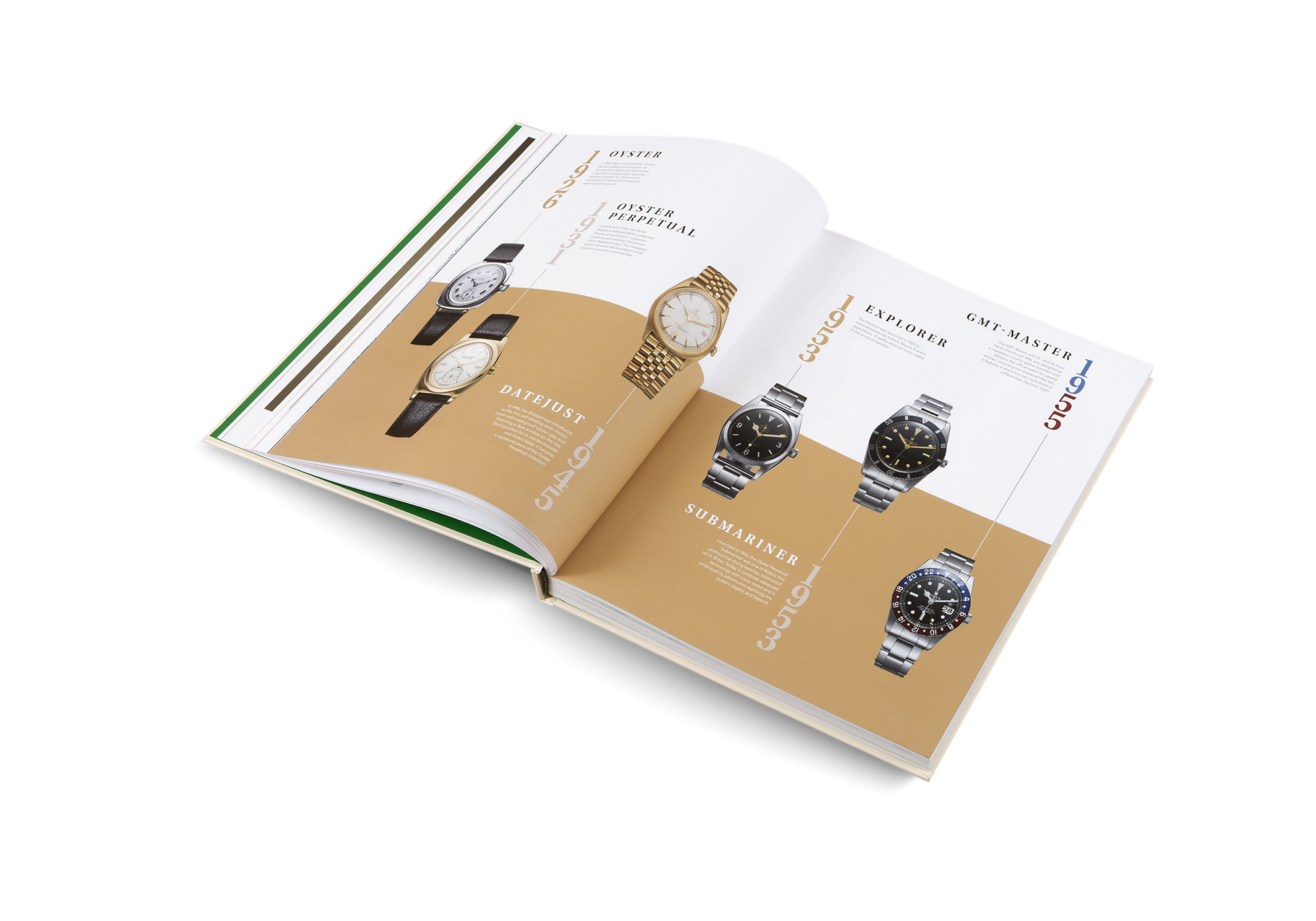 Open book displaying a collection of watches on a white background