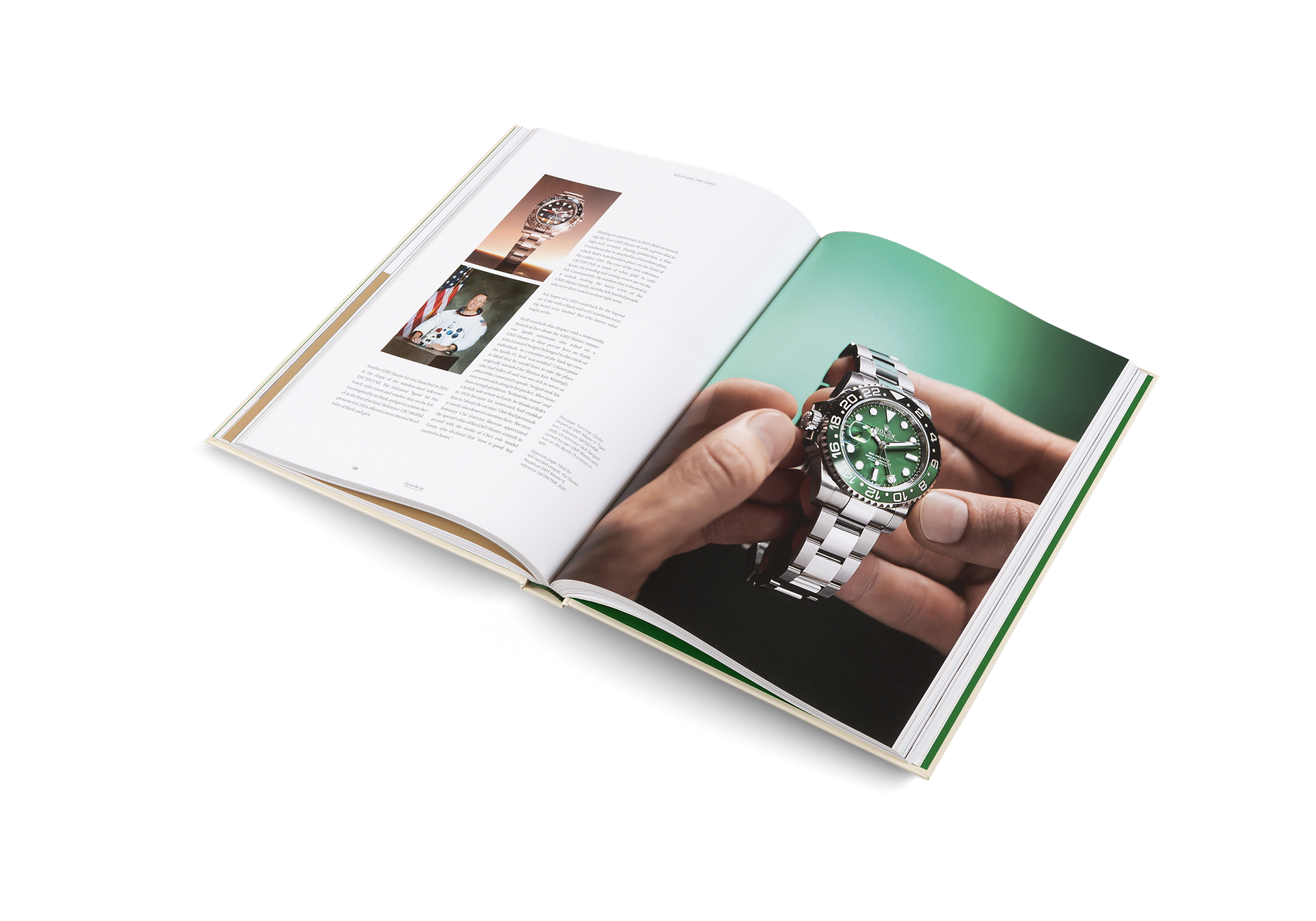 Open book showing a page with a green watch held in a hand on a white background