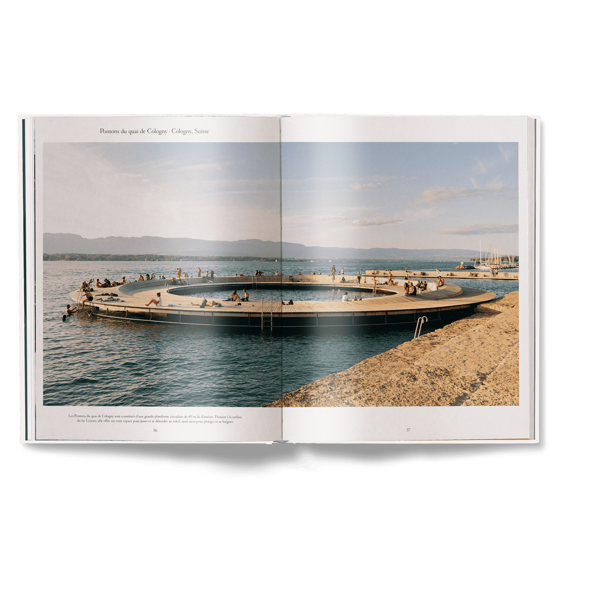 Open book showing a scenic view of a circular structure in water with people around it.
