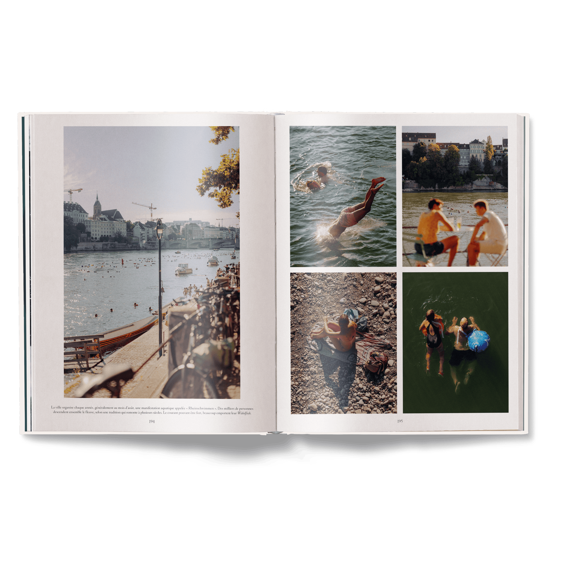Open photo album showing a series of images of people by a lake.
