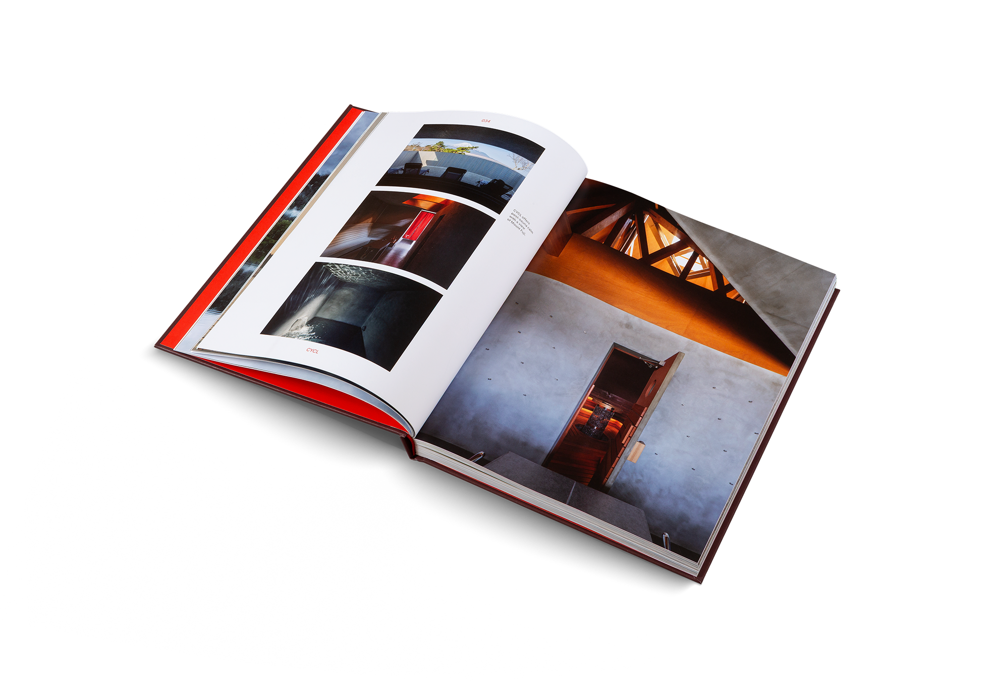 Open book displaying interior design images on a white background