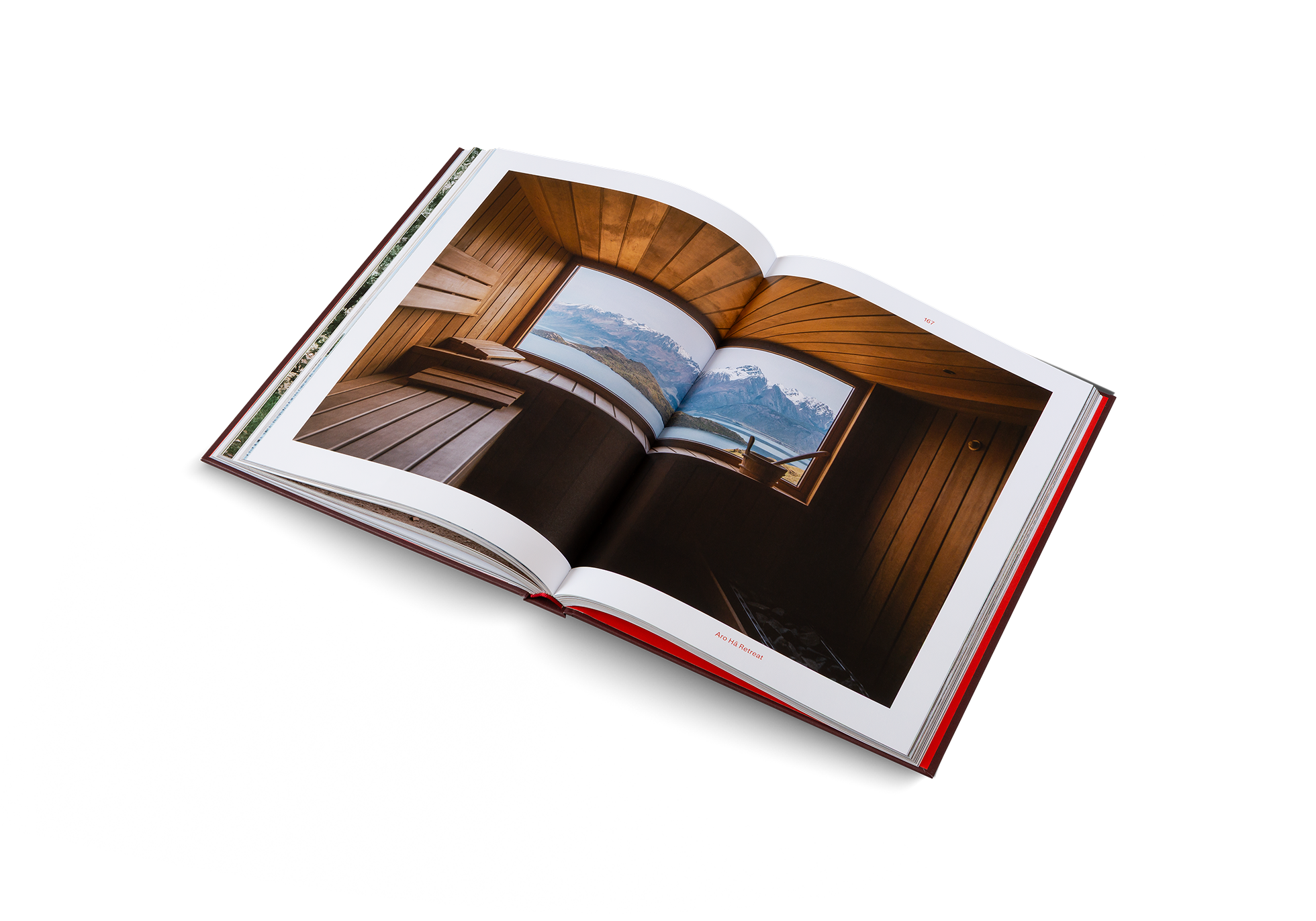 Open book showing a wooden interior design on a white background