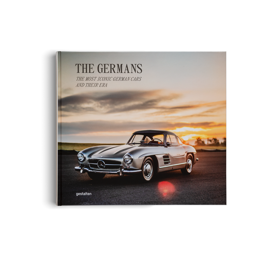 Book cover featuring a classic Mercedes-Benz car with a sunset background