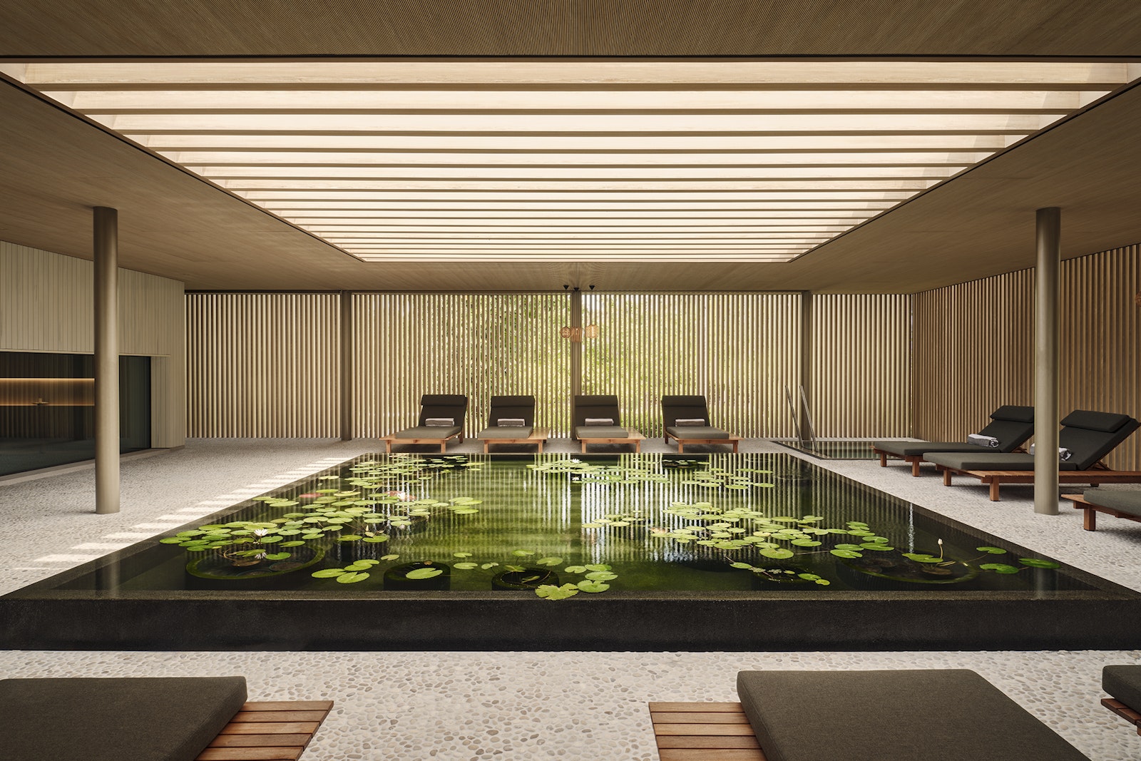 Modern indoor pool with lounge chairs and water lilies, surrounded by wooden walls.