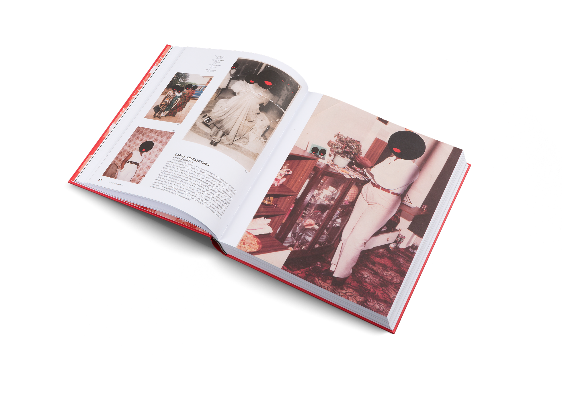 British-Ghanaian artist Larry Achiampong has a broad practice encompassing everything from film to flags and computer games. His collage work fuses personal archive photographs with a graphic stylized head, which reflects his direct experience of racism growing up as a young black British man, not just through people but through products and the media. 