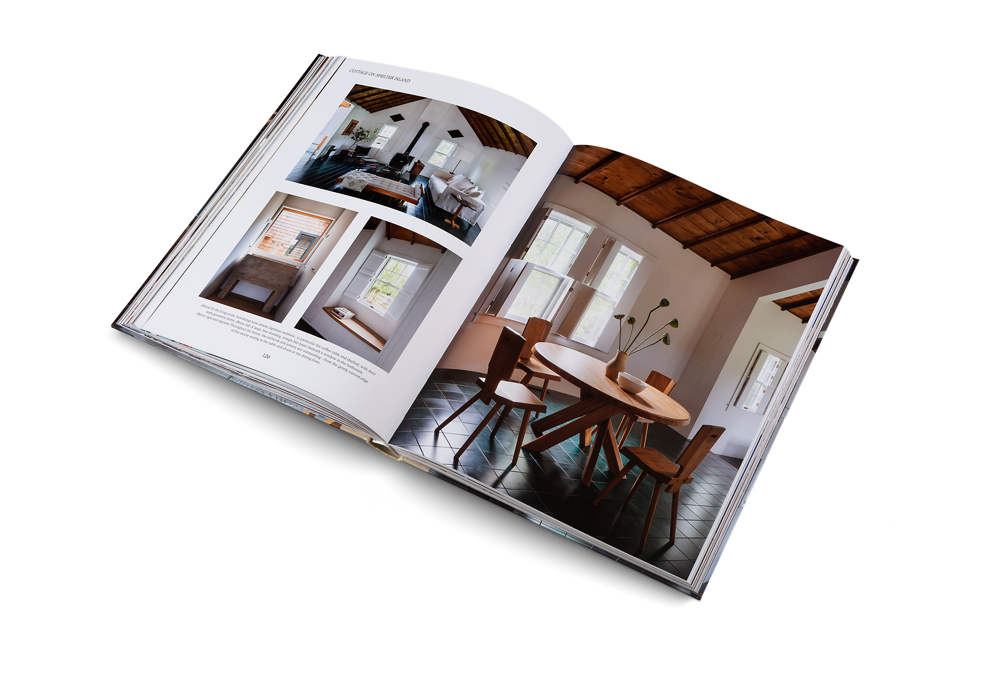  Throughout the house, the millwork and joinery are outstanding—from the gently curved edge of this alcove seating to the table and chairs in the dining from.  Discover more of this cottage on Shelter Island in Country and Cozy by gestalten