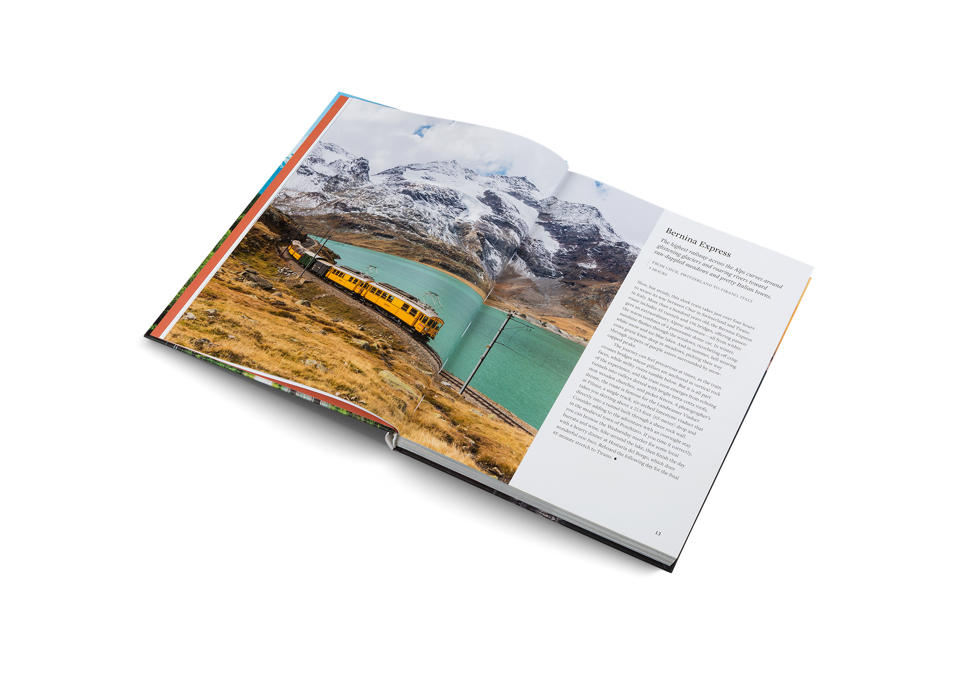 The Bernina Express is the highest railway across the Alps, it curves around glistening glaciers and roaring rivers toward sun-dappled meadows and pretty Italian towns. Travel with this incredible train in Epic Train Journeys by gestalten.