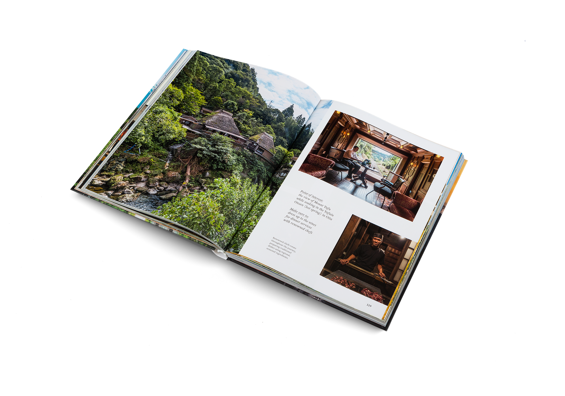 In the Seven Stars train in Kyushu, renowned chefs rotate throughout the journey, preparing traditional dishes using regional, seasonal ingredients.